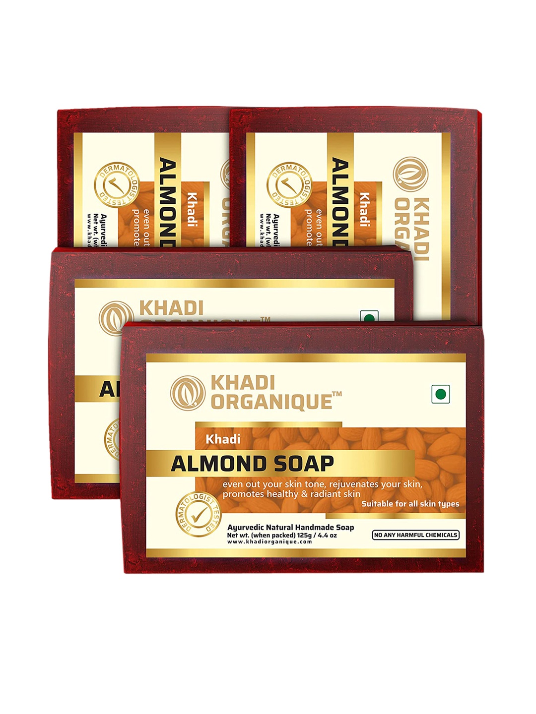 

Khadi Organique Set of 4 Almond Handmade Soap with Essential Oils 125 g (Each), Brown