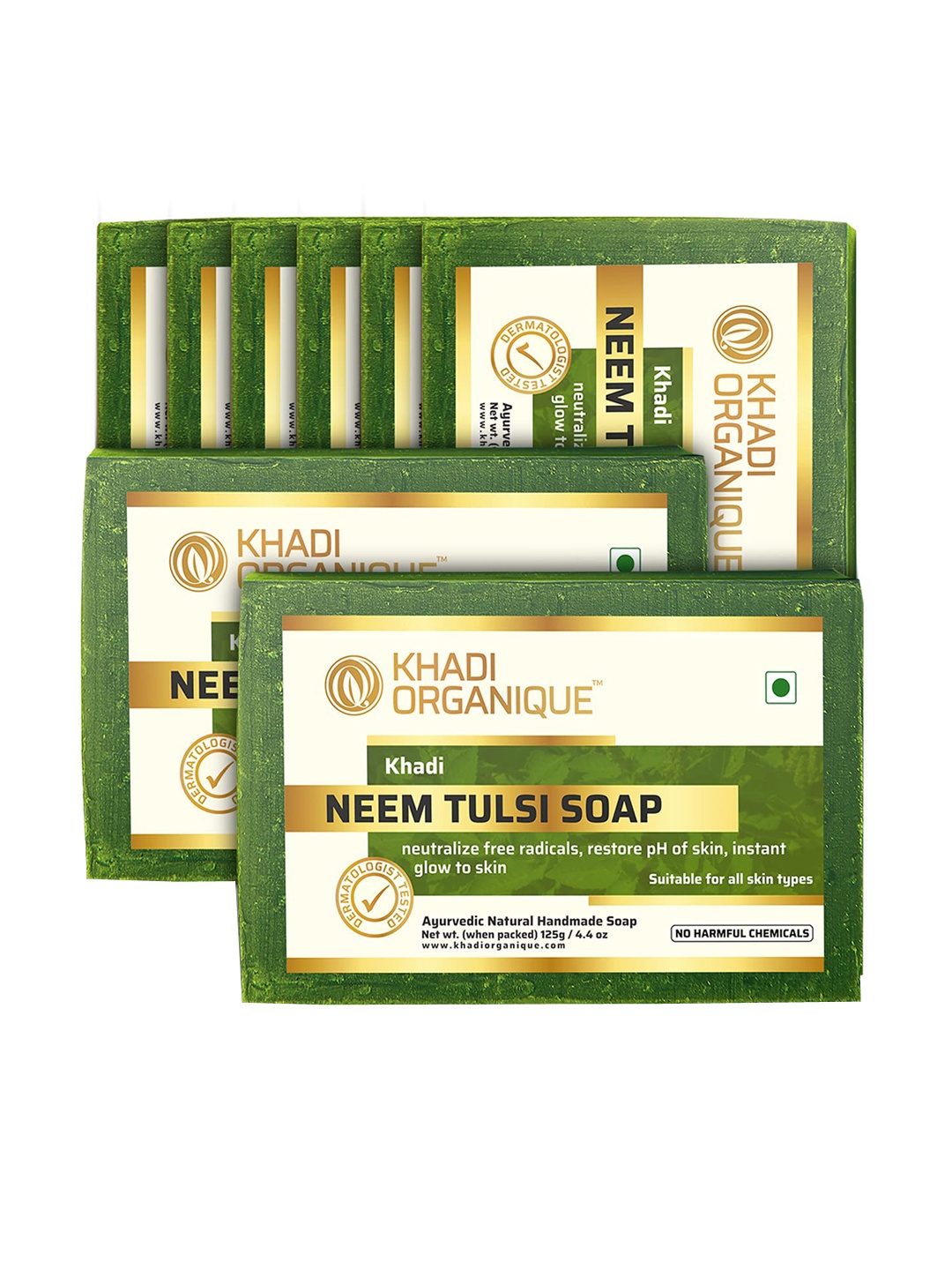 

Khadi Organique Set of 8 Neem Tulsi Handmade Soap with Essential Oils 125 g (Each), Green