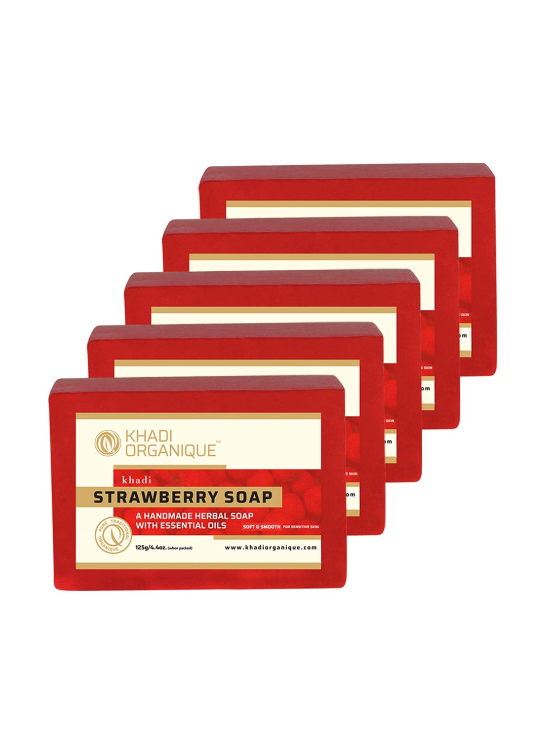 

Khadi Organique Set of 5 Strawberry Handmade Soap with Essential Oils 125 g (Each), Red