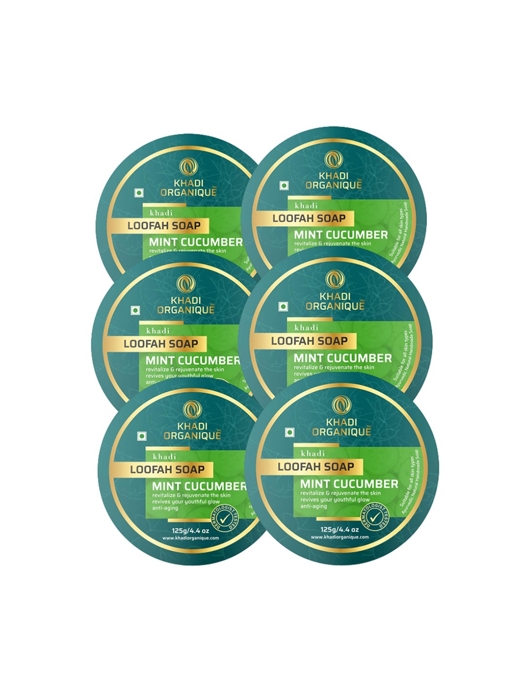 

Khadi Organique Set of 6 Mint Cucumber Loofah Soap with Essential Oils 125 gm (Each), Green