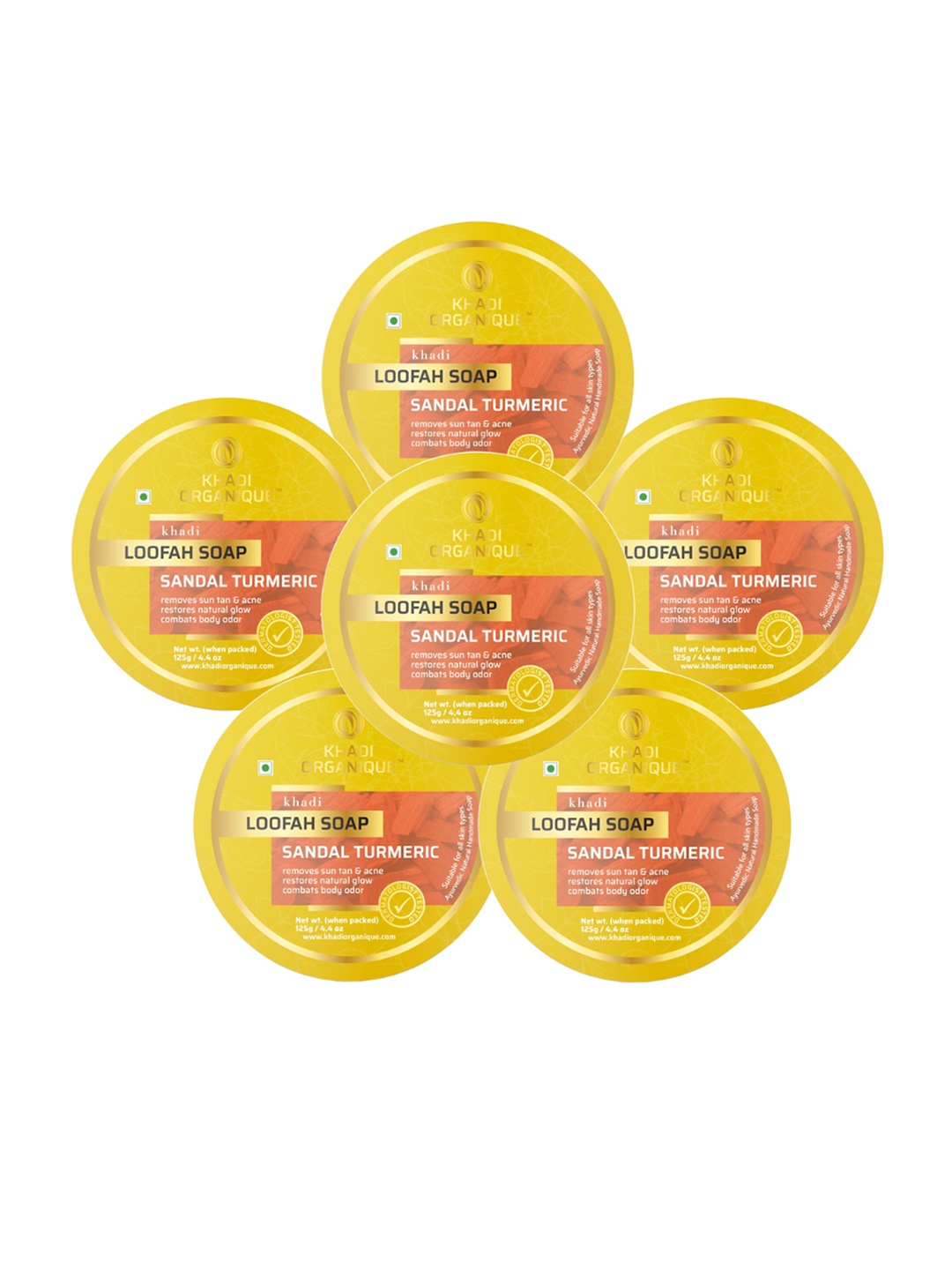 

Khadi Organique Set of 6 Sandal Turmeric Loofah Handmade Soap with Essential Oils 125 g (Each), Yellow