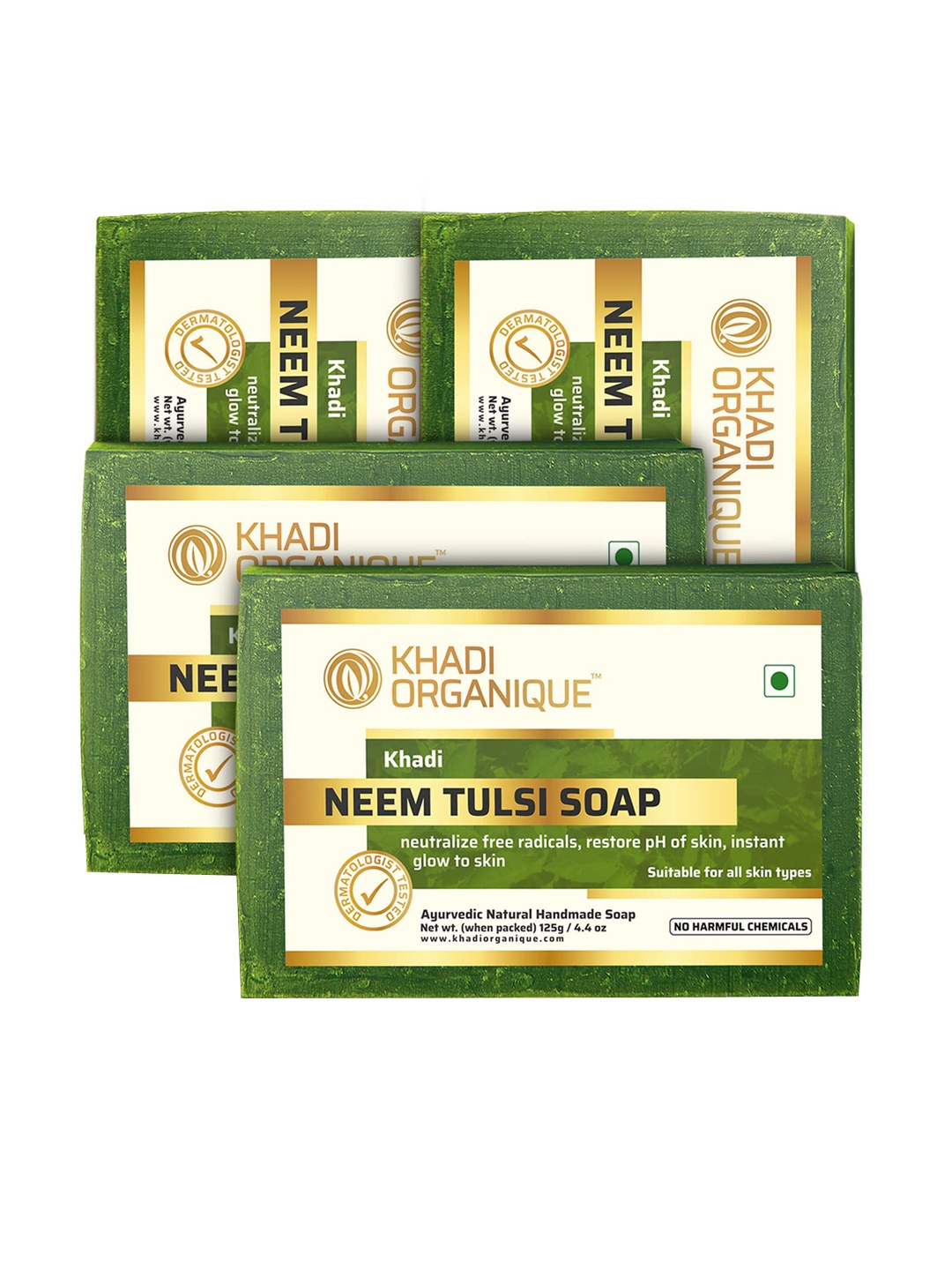 

Khadi Organique Set of 4 Neem Tulsi Handmade Soap with Essential Oils 125 g (Each), Green