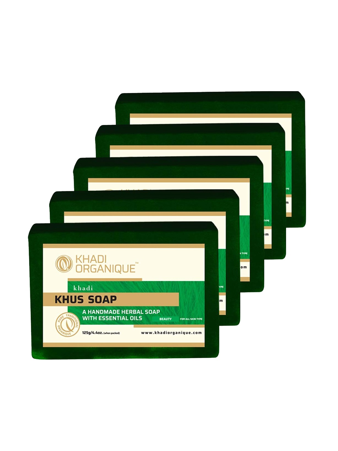 

Khadi Organique Set of 5 Khus Handmade Soap with Essential Oils 125 g (Each), Green
