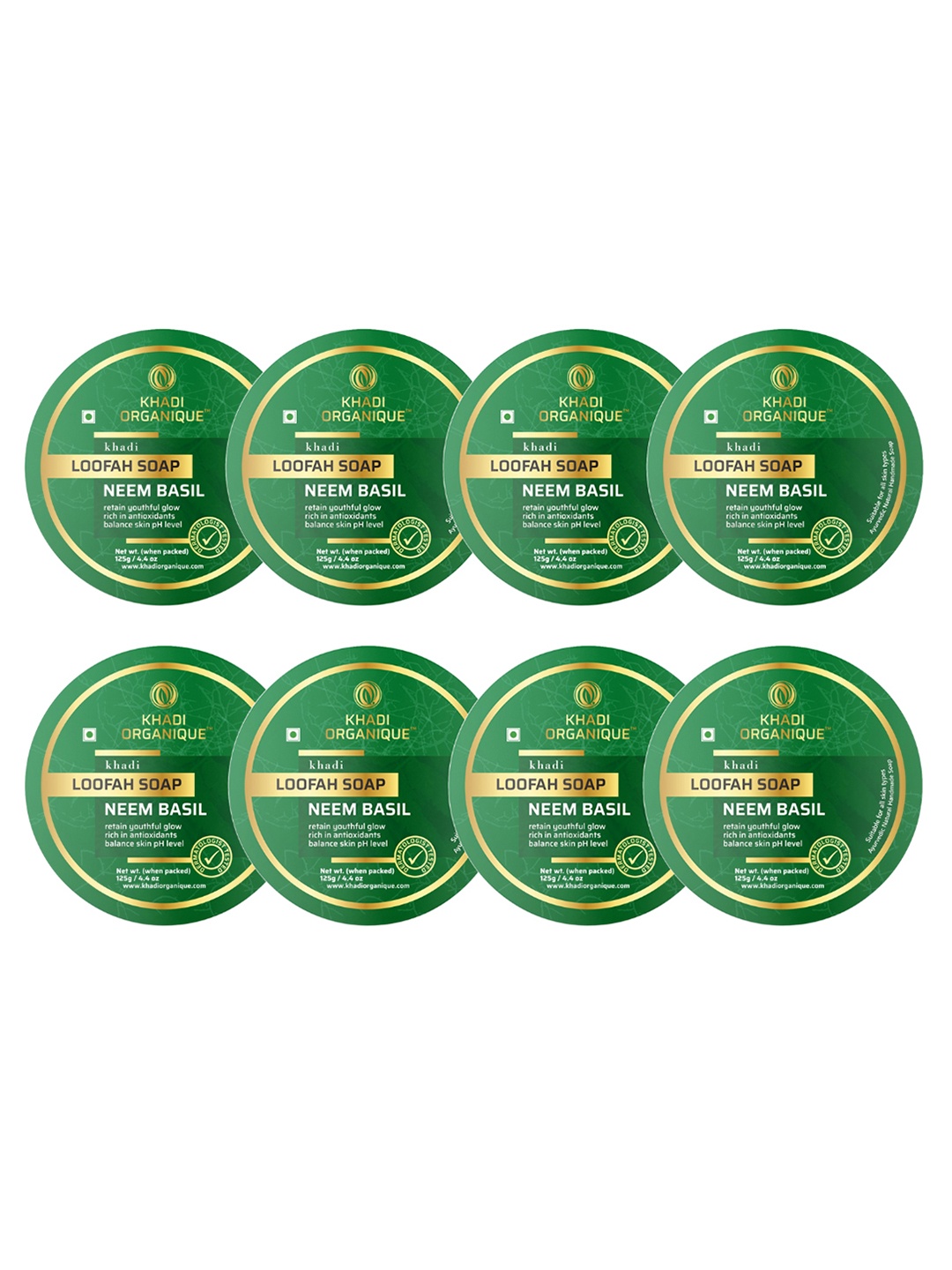 

Khadi Organique Set of 8 Neem Basil Loofah Soap with Essential Oils 125 gm (Each), Green