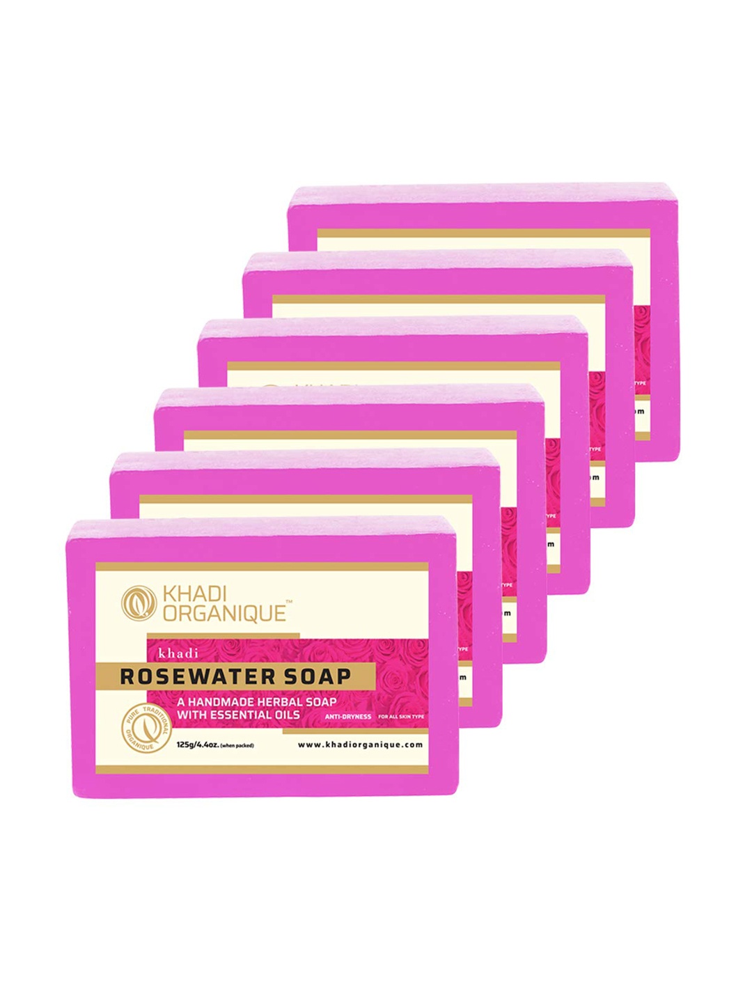

Khadi Organique Set of 6 Rosewater Handmade Soap with Essential Oils 125 g (Each), Pink