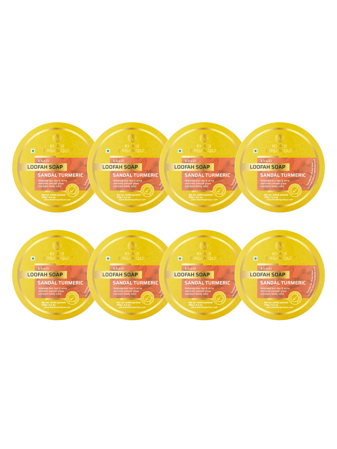 

Khadi Organique Set of 8 Sandal Turmeric Loofah Handmade Soap with Essential Oils 125 g (Each), Yellow