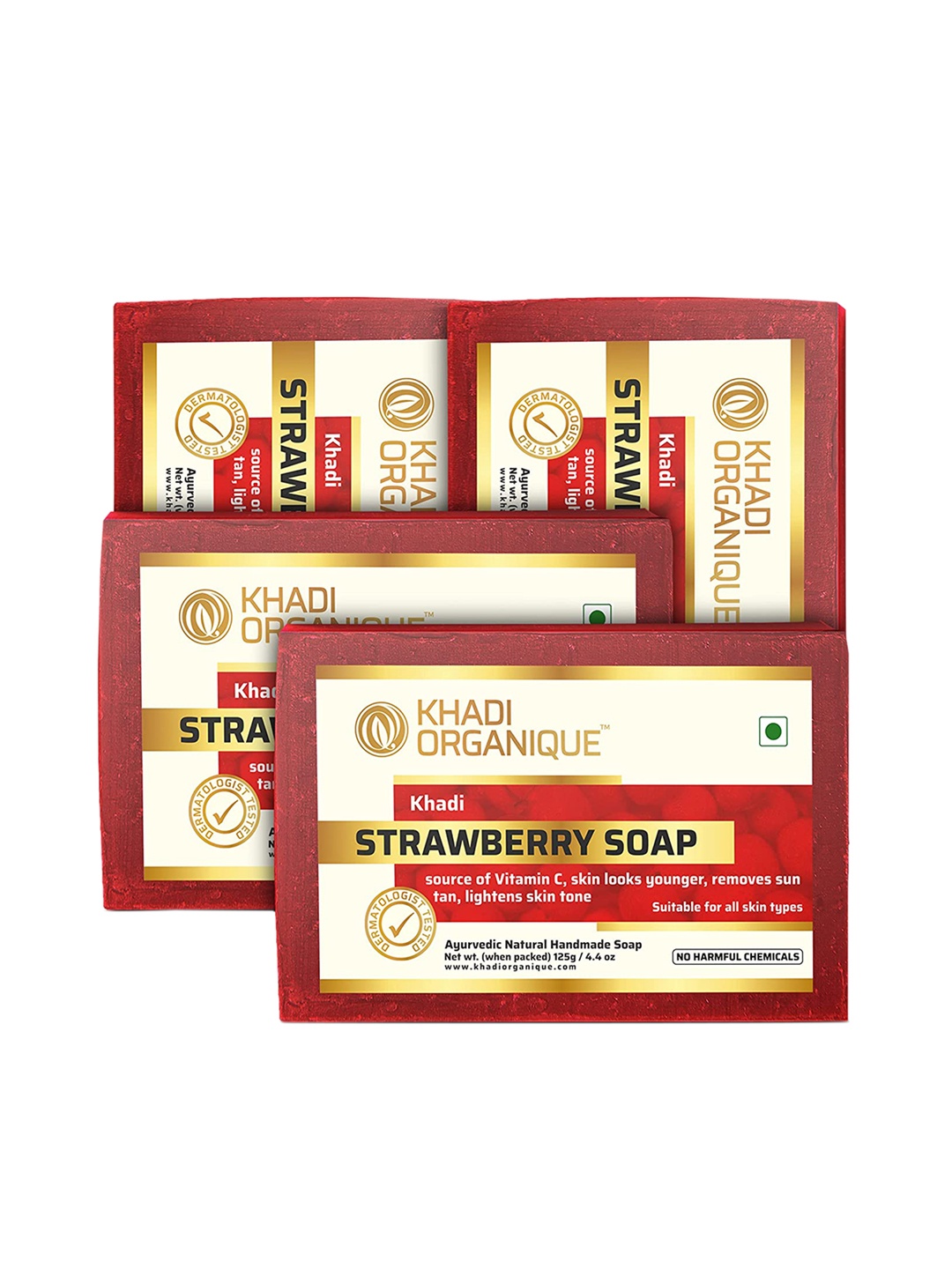 

Khadi Organique Set of 4 Strawberry Handmade Soap with Essential Oils 125 g (Each), Red