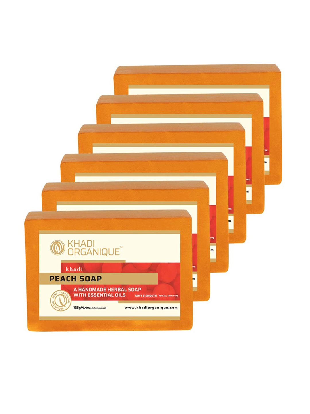 

Khadi Organique Set of 6 Peach Handmade Soap with Essential Oils 125 g (Each), Orange