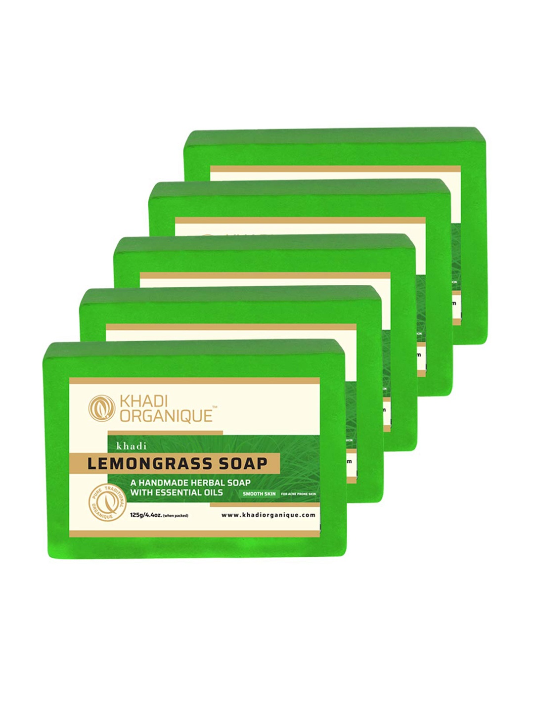 

Khadi Organique Set of 5 Lemongrass Handmade Soap with Essential Oils 125 g (Each), Green