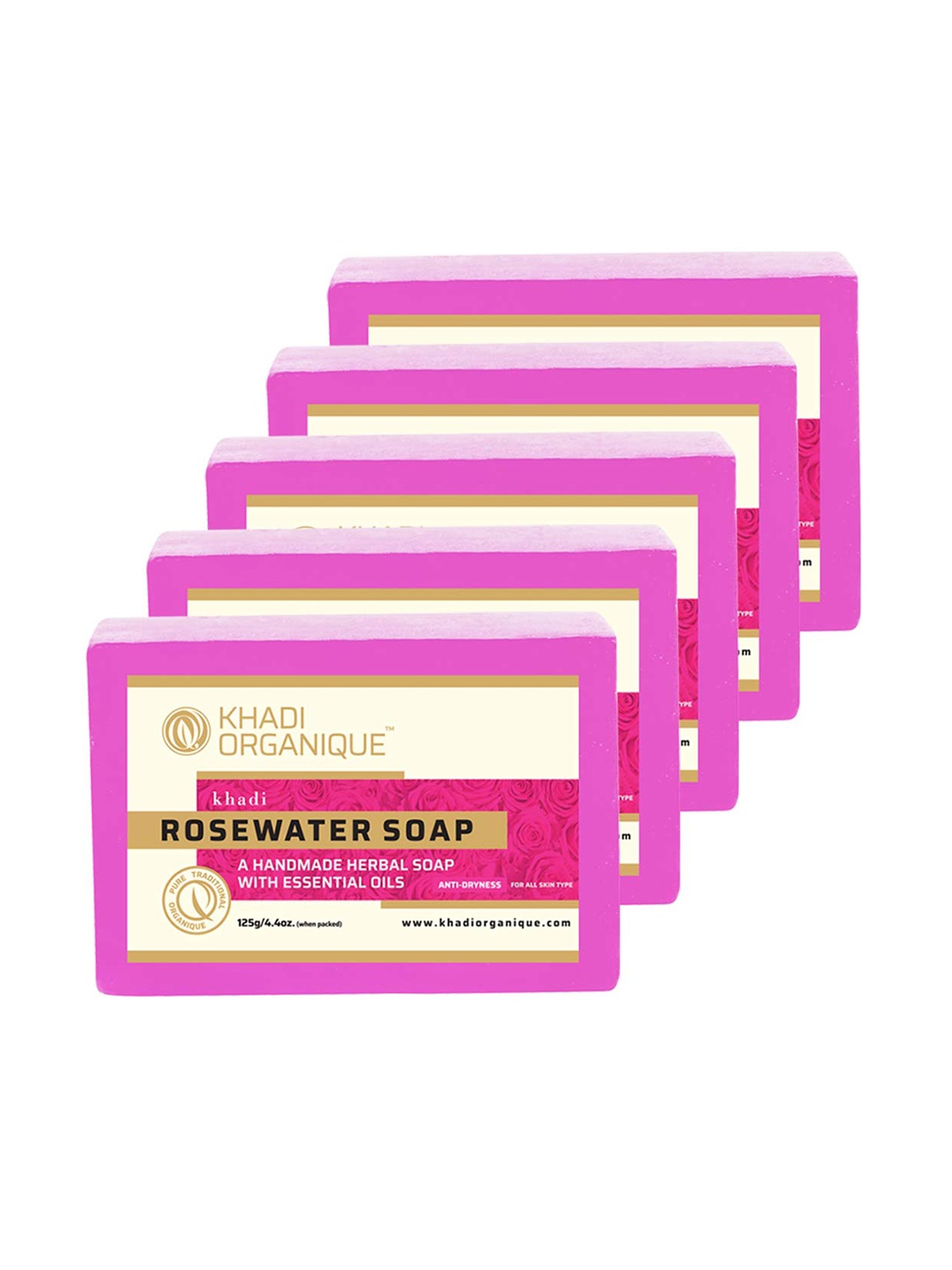 

Khadi Organique Set of 5 Rosewater Handmade Soap with Essential Oils 125 g (Each), Red
