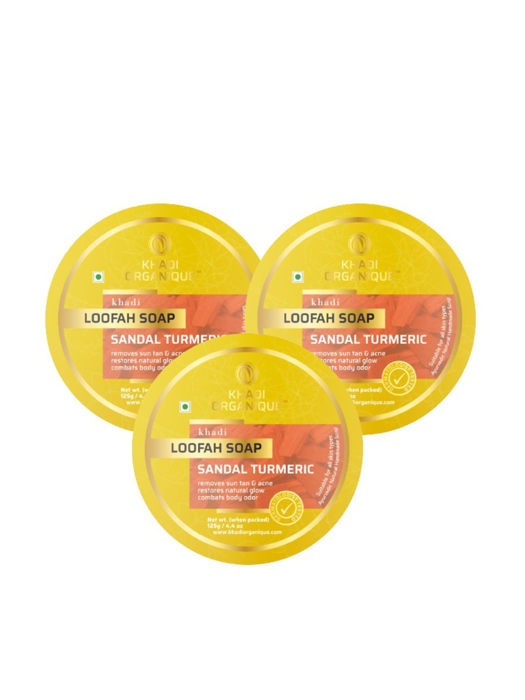 

Khadi Organique Set Of 3 Sandal Turmeric Loofah Soap 125g Each, Yellow
