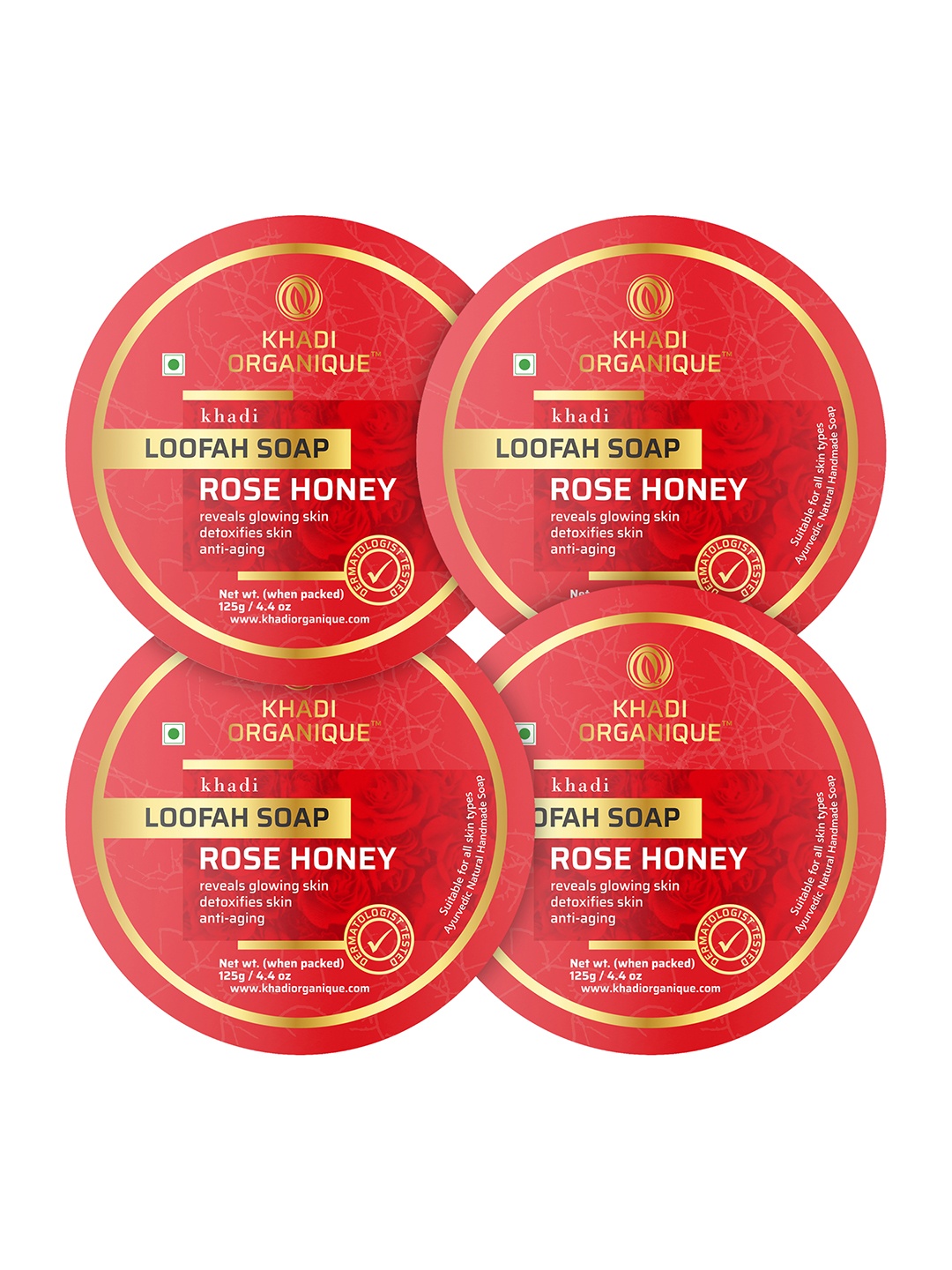 

Khadi Organique Set of 4 Rose Honey Loofah Soap with Essential Oils - 125g Each, Red