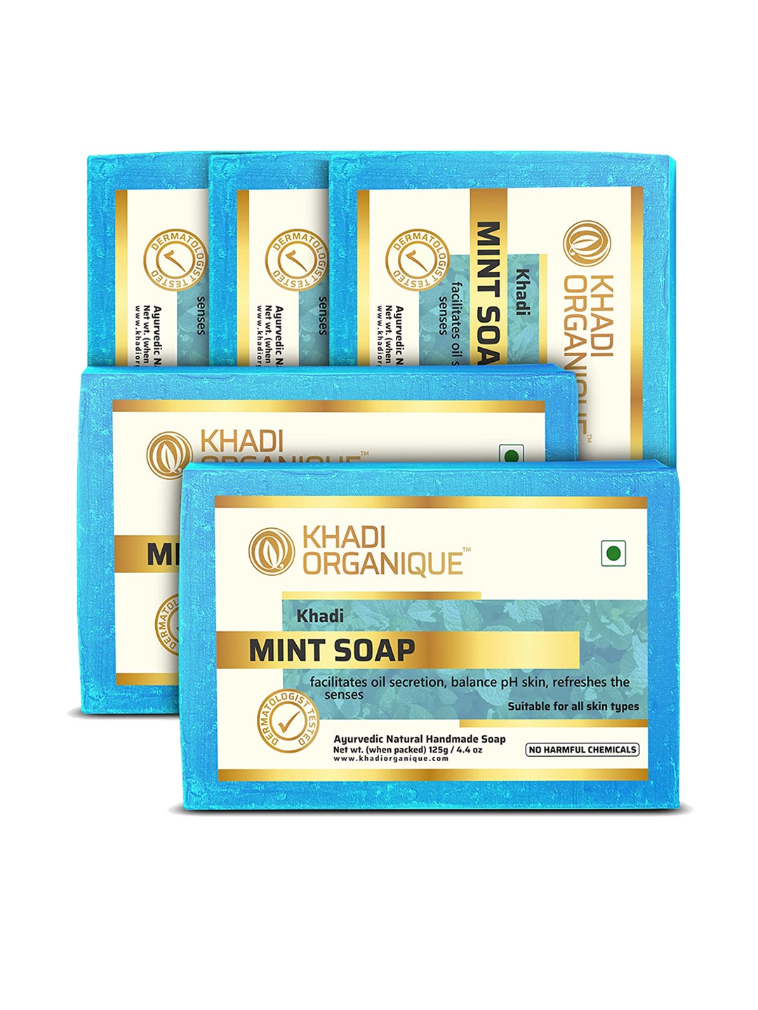 

Khadi Organique Set Of 5 Mint Handmade Soap 125g Each, Blue