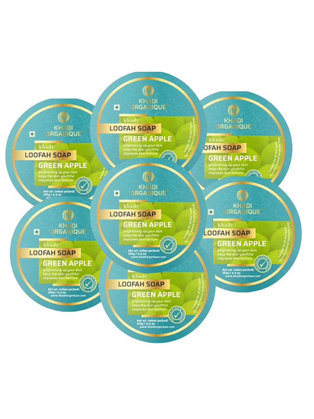 

Khadi Organique Set Of 7 Green Apple Loofah Handmade Soap 125g Each, Sea green