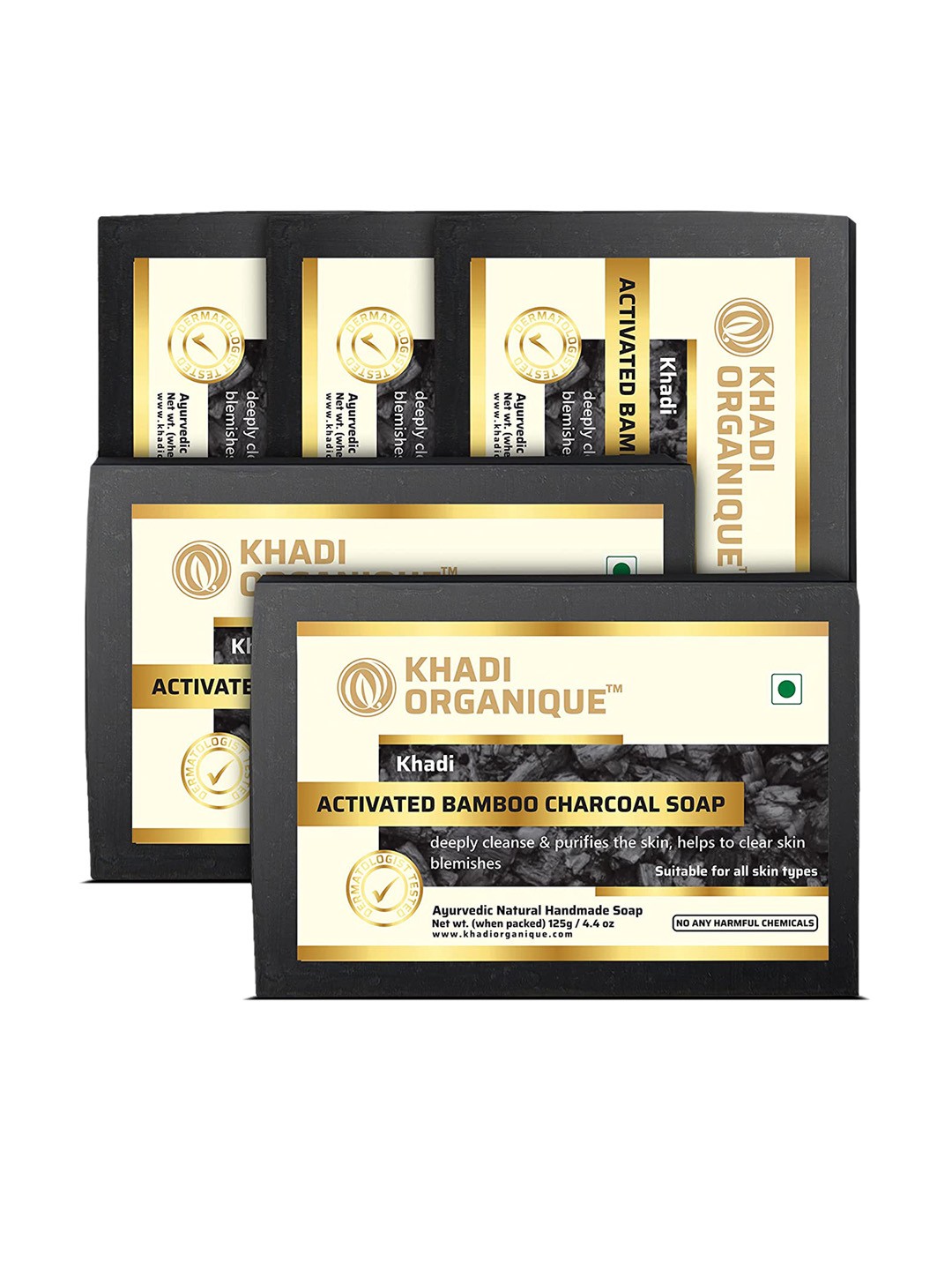 

Khadi Organique Set Of 5 Activated Bamboo Charcoal Handmade Soap 125g Each, Beige