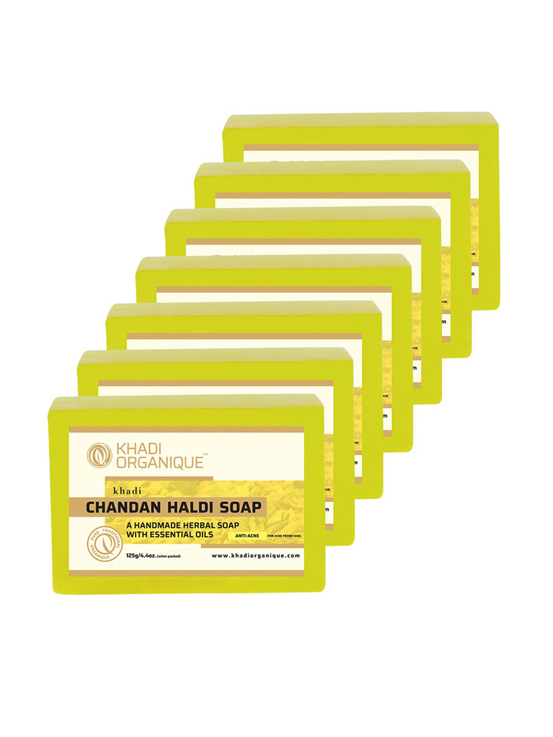 

Khadi Organique Set Of 7 Chandan Haldi Herbal Soap with Essential Oils - 125g Each, Yellow