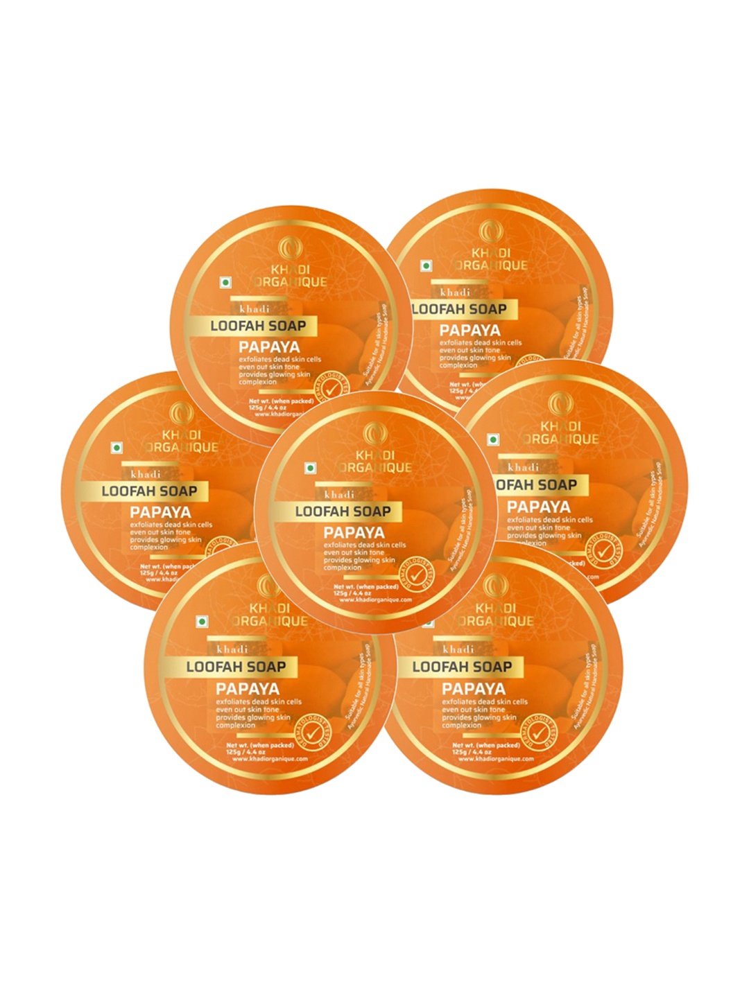 

Khadi Organique Set Of 7 Papaya Herbal Loofah Soap with Essential Oils - 125g Each, Orange