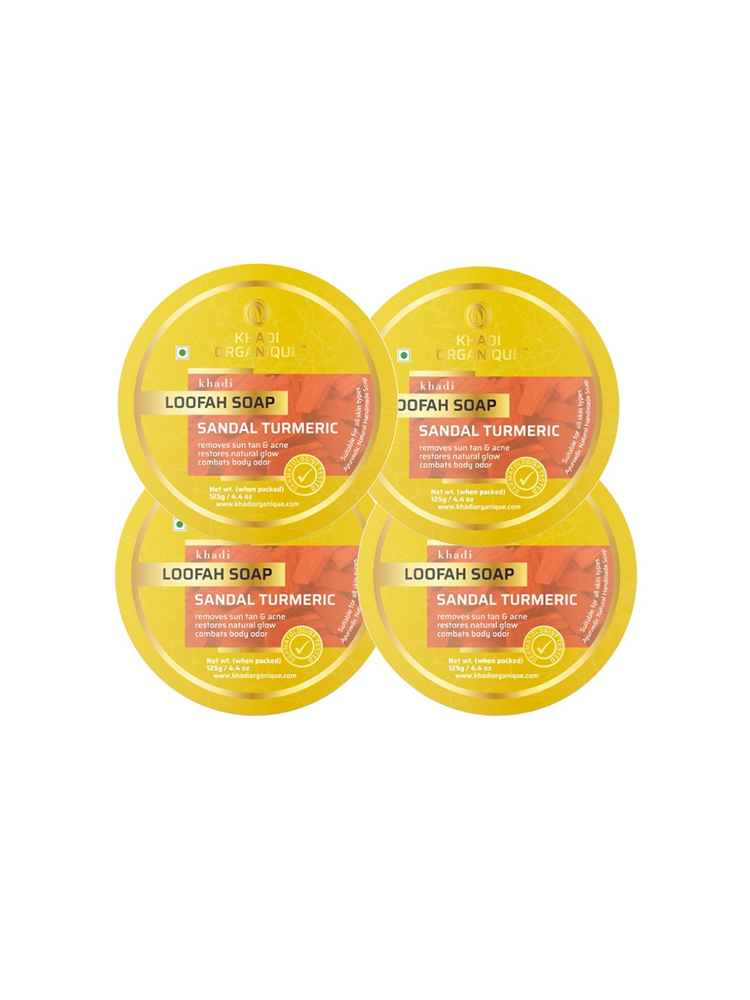 

Khadi Organique Set of 4 Sandal Turmeric Loofah Soap with Essential Oils - 125g Each, Yellow