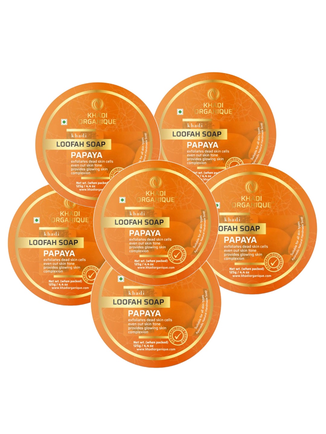 

Khadi Organique Set Of 6 Papaya Herbal Loofah Soap with Essential Oils - 125g Each, Orange