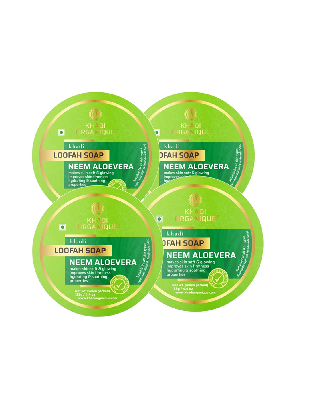 

Khadi Organique Set Of 4 Neem Aloe Vera Herbal Loofah Soap with Essential Oils - 125g Each, Green