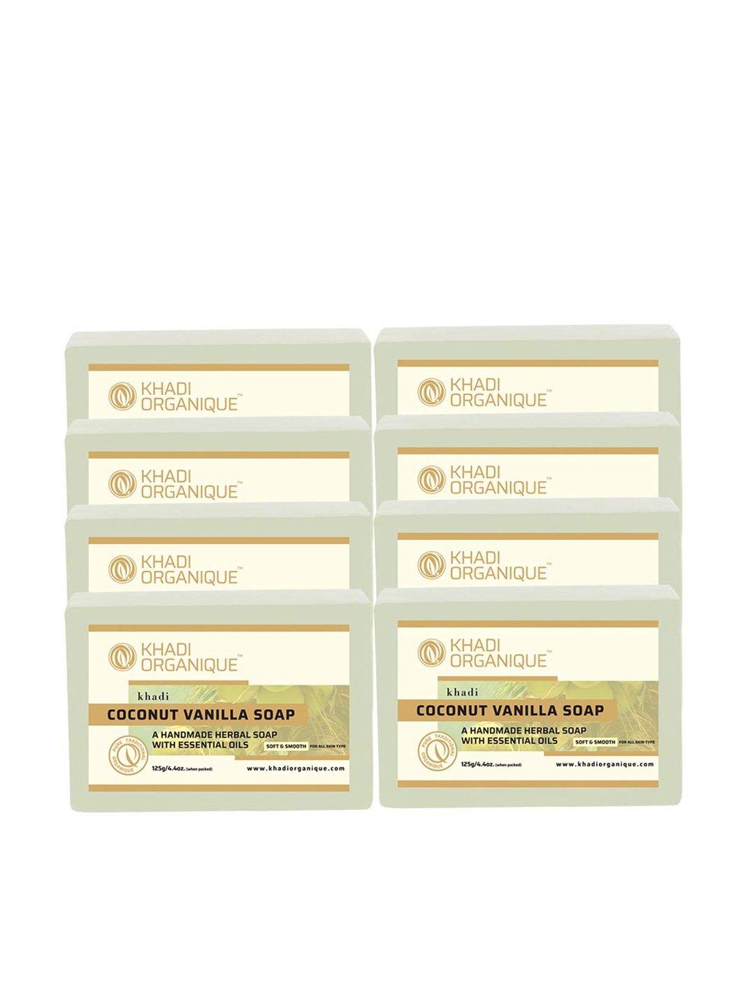 

Khadi Organique Set Of 8 Coconut Vanilla Herbal Soap with Essential Oils - 125g Each, White