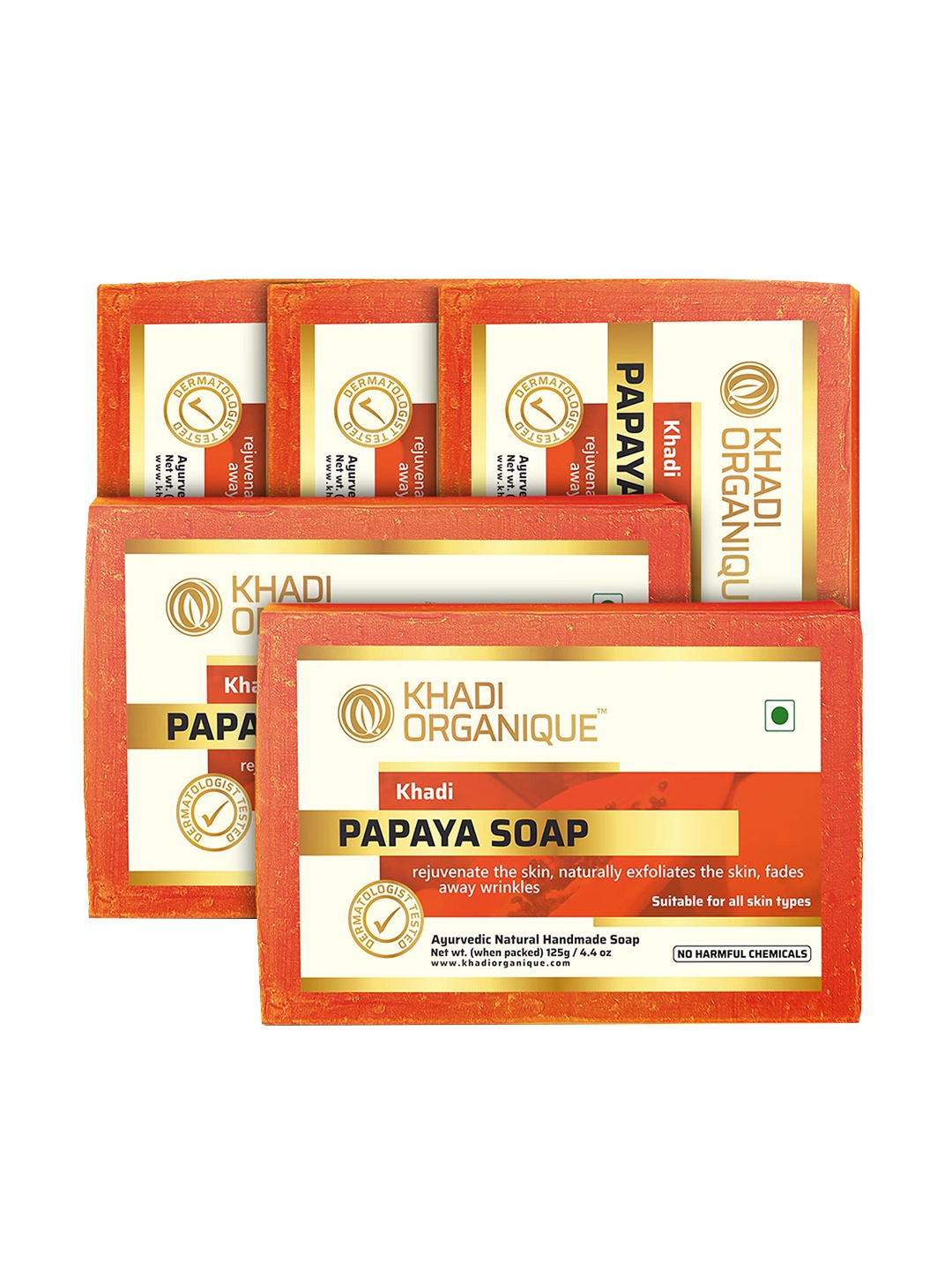 

Khadi Organique Set Of 5 Papaya Soap with Aloe Vera for All Skin Types - 125g Each, Orange