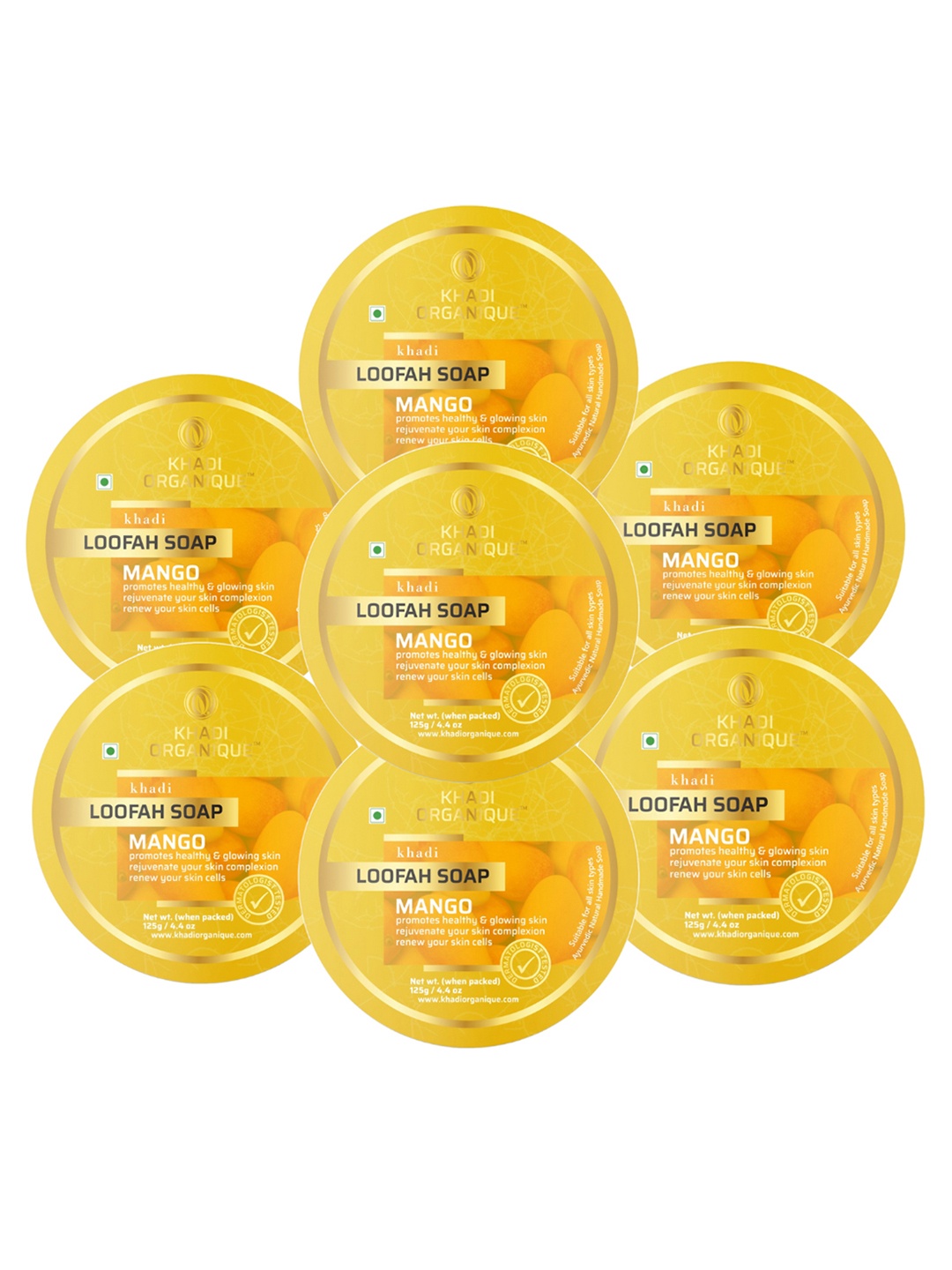 

Khadi Organique Set Of 7 Mango Honey Loofah Soap with Essential Oils - 125g Each, Yellow