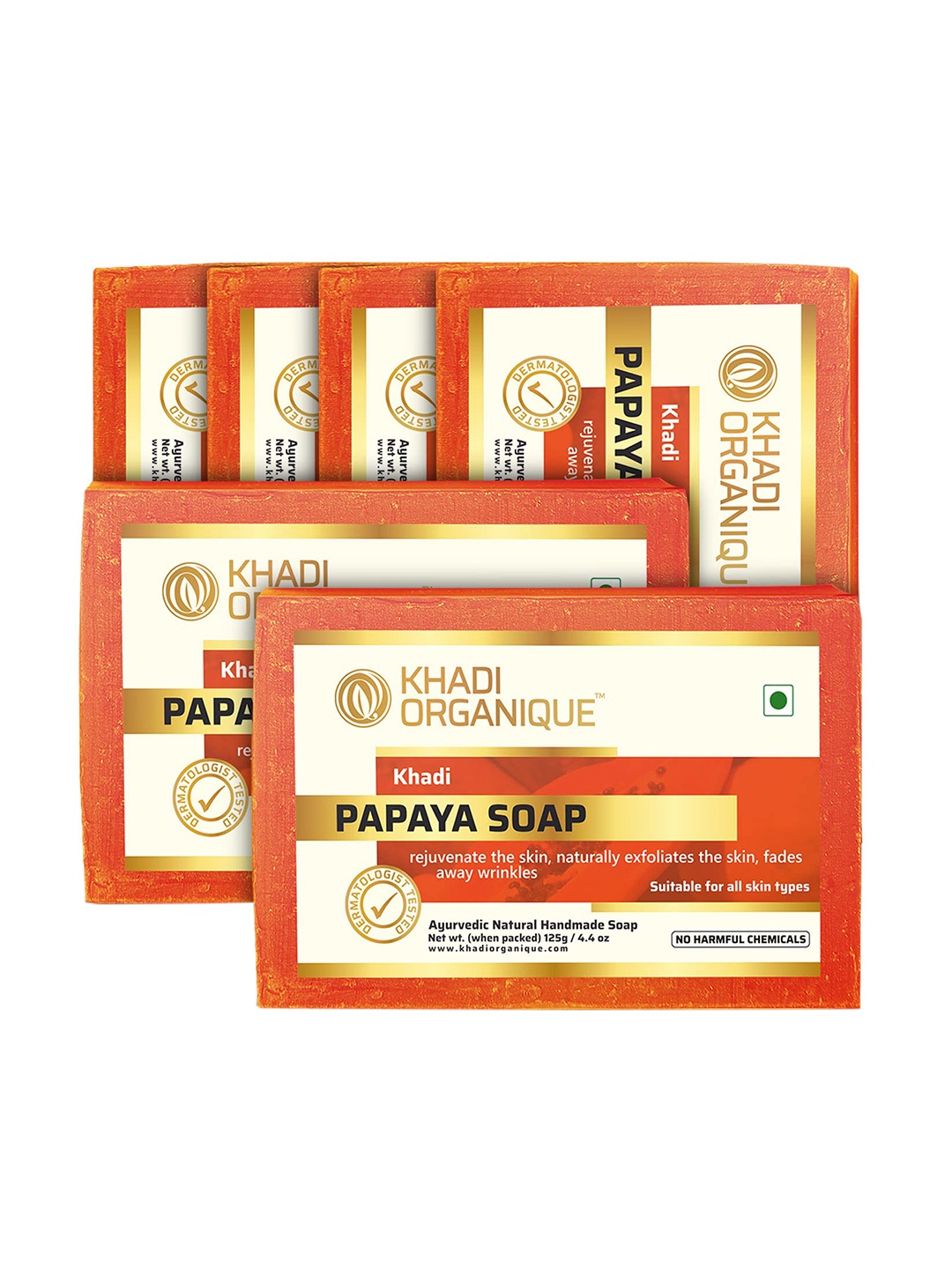 

Khadi Organique Set Of 6 Papaya Soap with Aloe Vera for All Skin Types - 125g Each, Orange