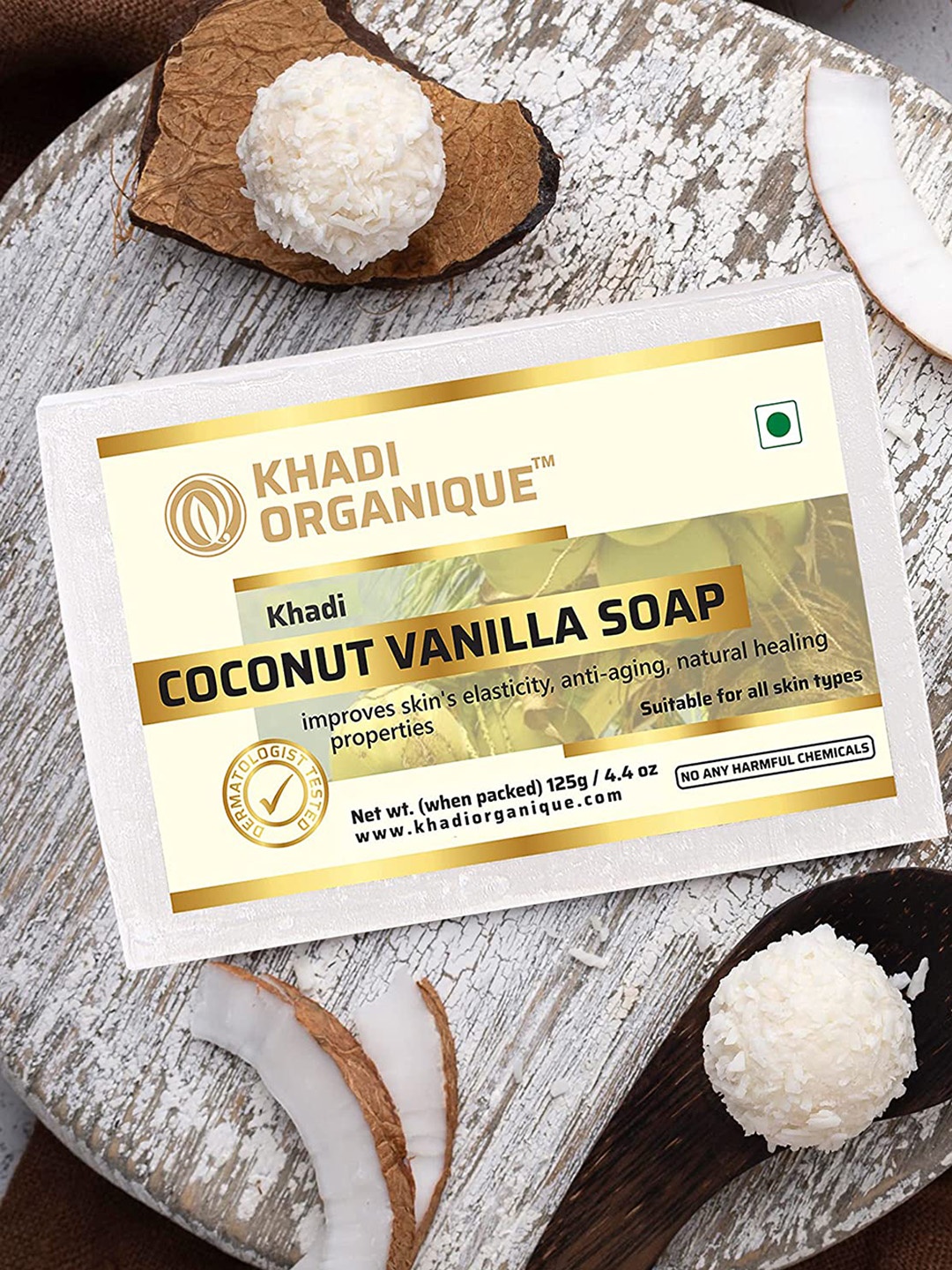 

Khadi Organique Set Of 5 Coconut Vanilla Herbal Soap with Essential Oils - 125g Each, White