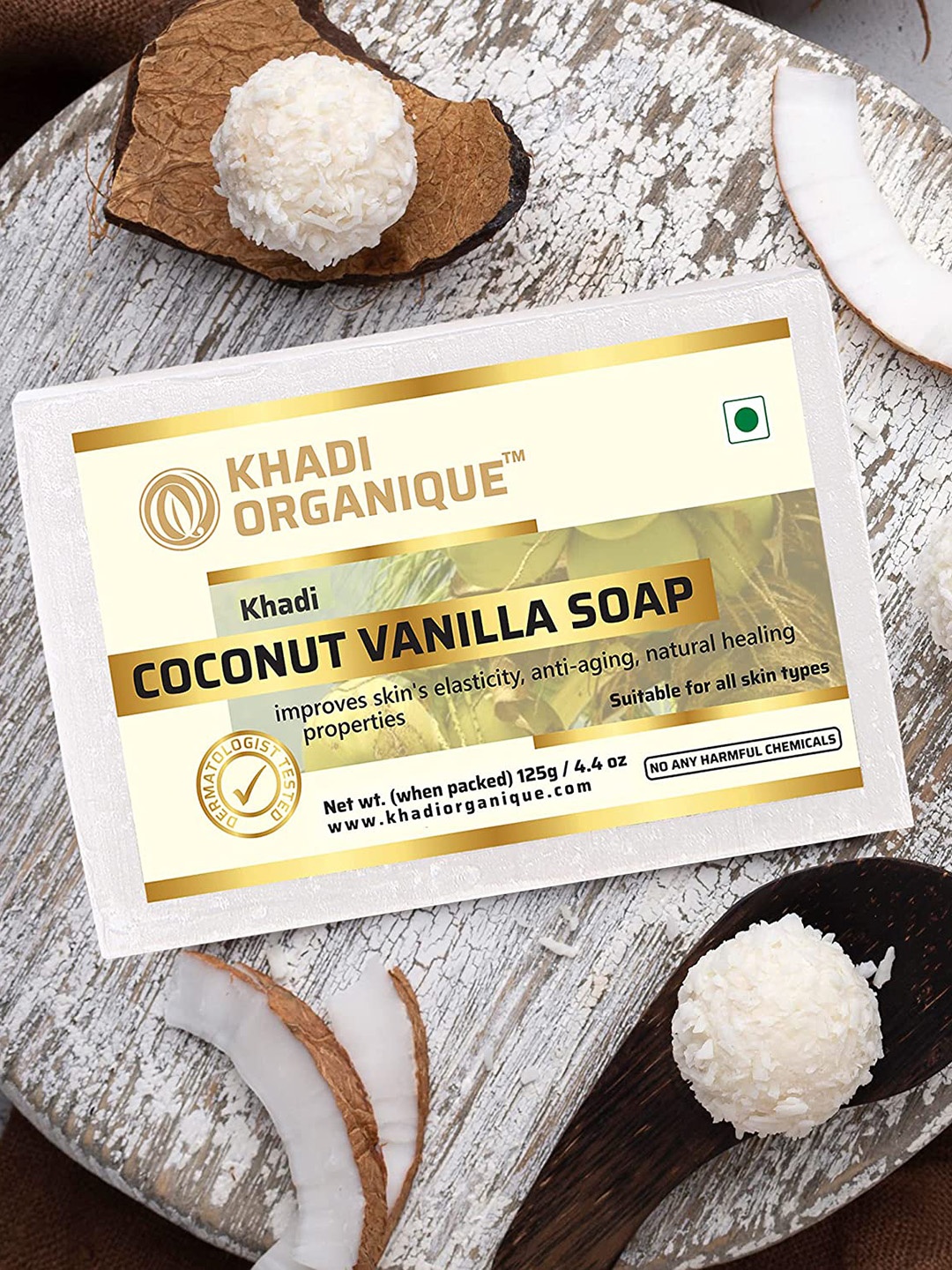 

Khadi Organique Set Of 6 Coconut Vanilla Herbal Soap with Essential Oils - 125g Each, White