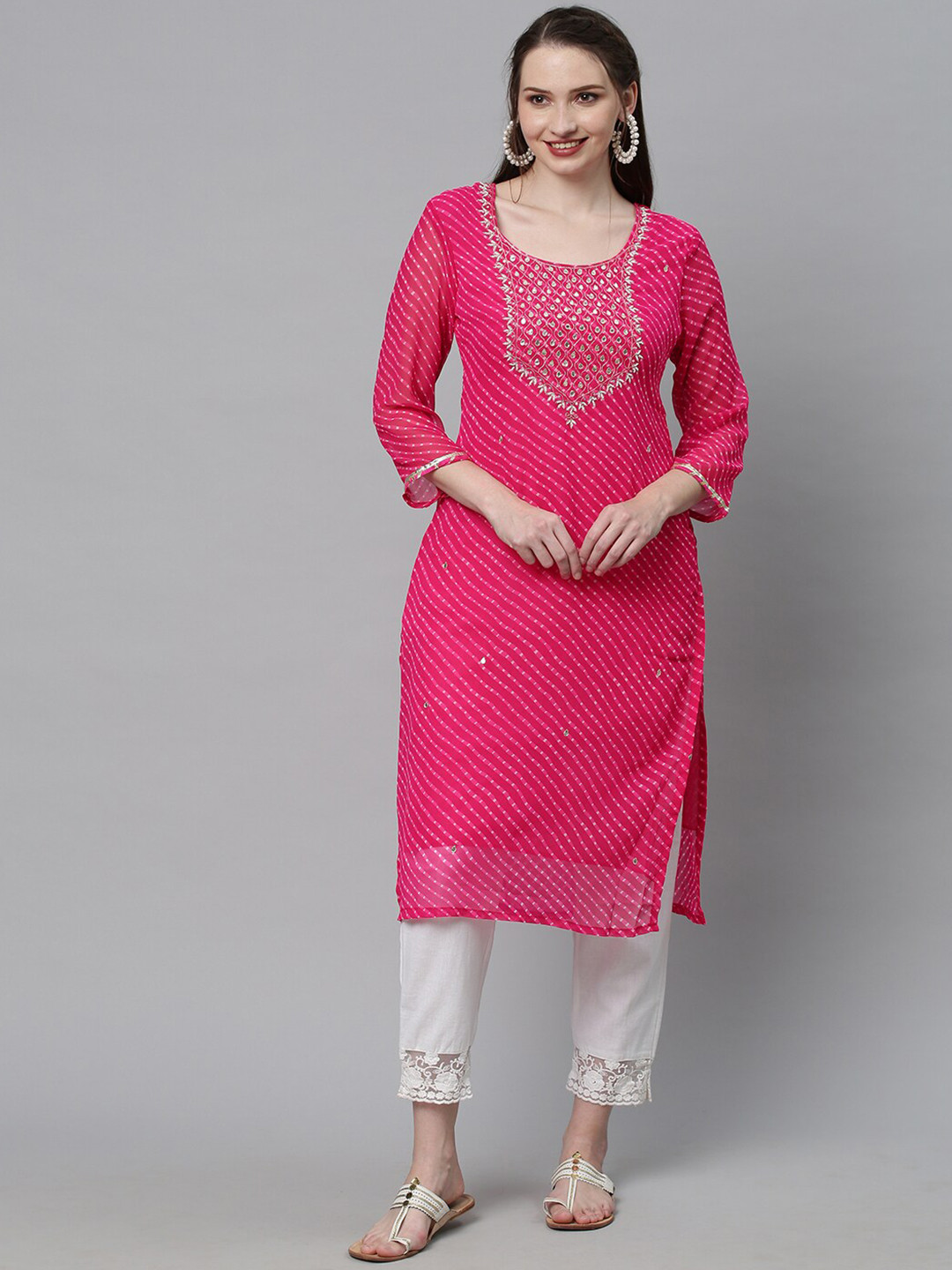 

FASHOR Women Striped Georgette Kurta, Pink
