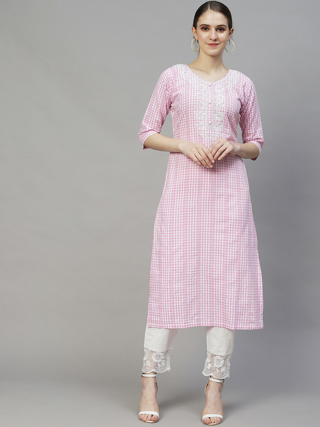 

FASHOR Women Checked Thread Work Kurta, Pink