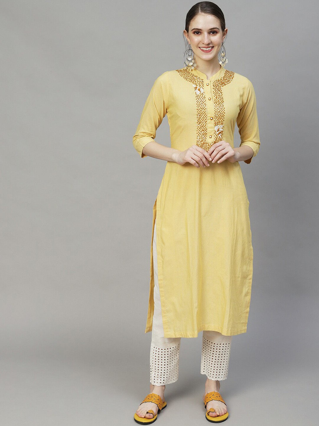 

FASHOR Women Floral Yoke Design Kurta, Yellow