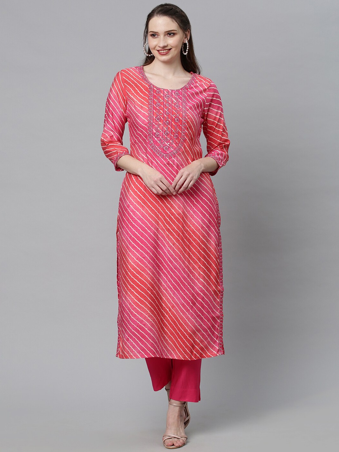 

FASHOR Women Leheriya Printed & Thread Work Kurta with Trouser, Pink