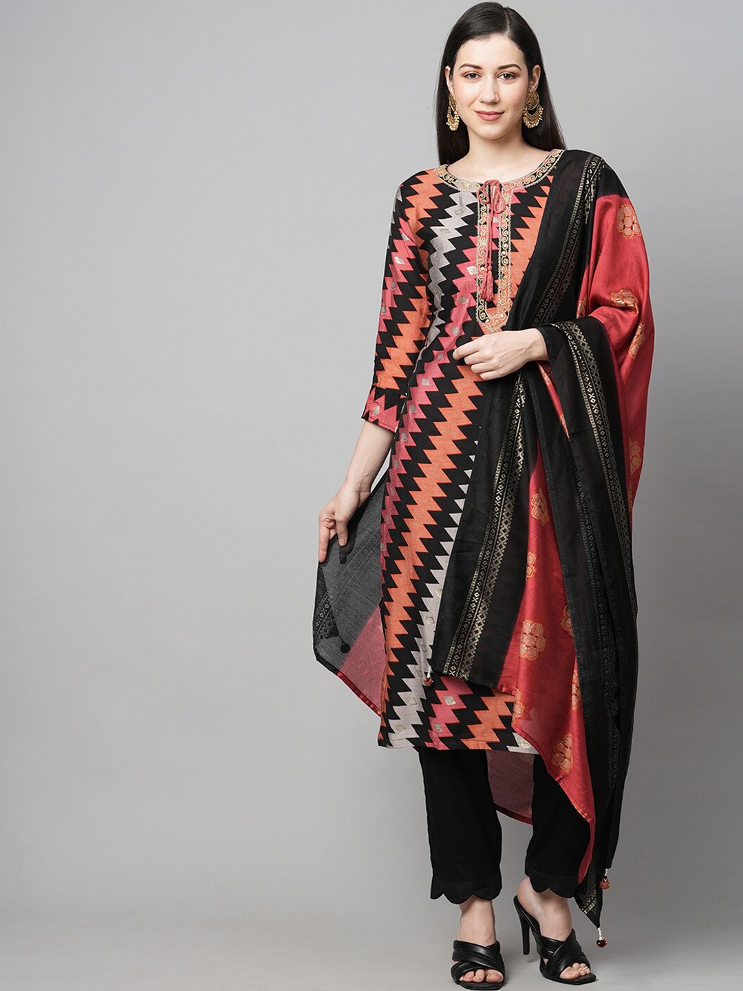 

FASHOR Women Printed & Thread Work Kurta with Trouser & Dupatta, Coral
