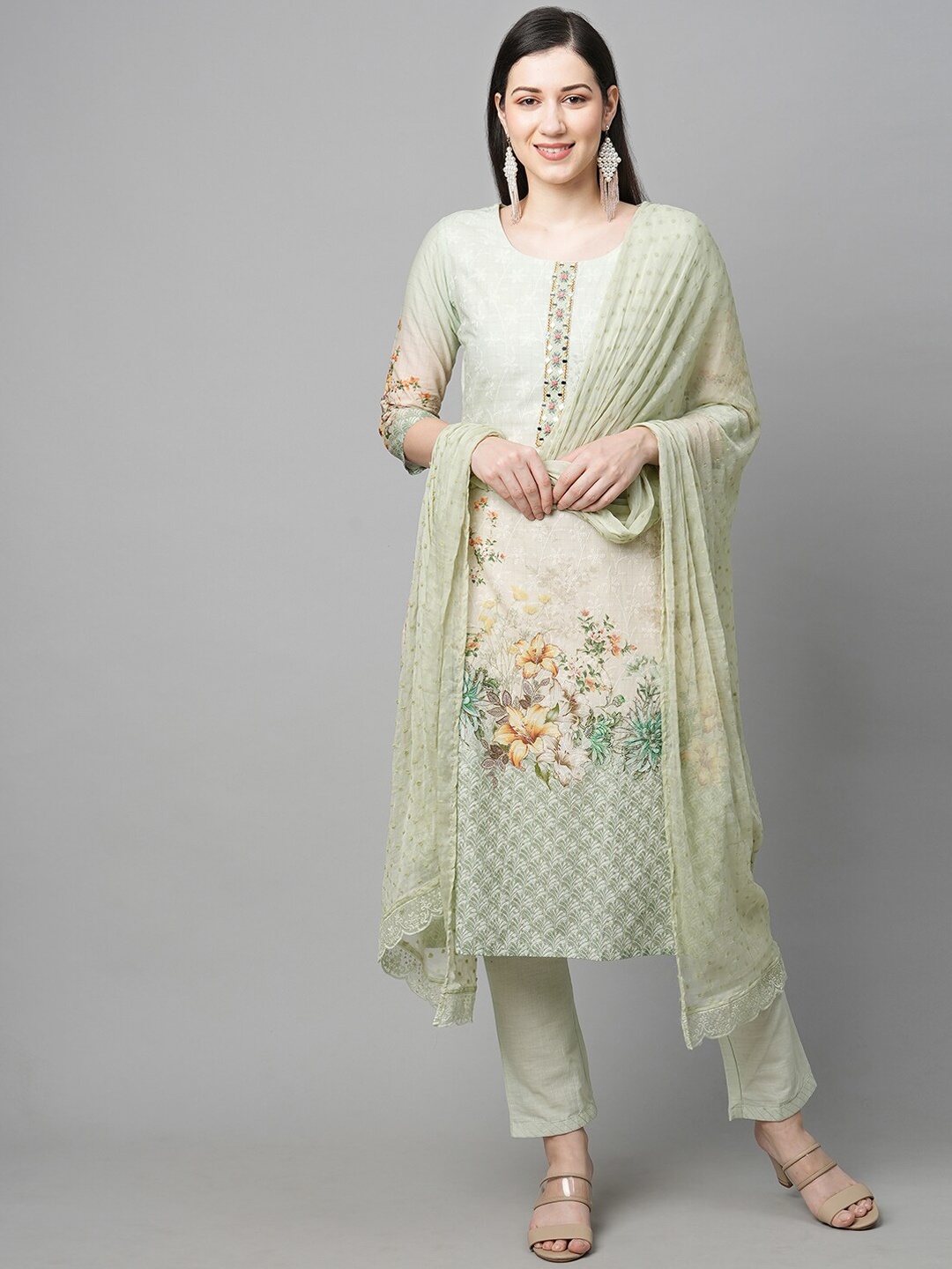 

FASHOR Women Floral Printed Thread Work Pure Cotton Kurta with Trouser & Dupatta, Green