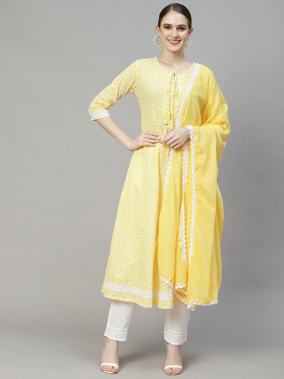 

FASHOR Women Chikankari Pure Cotton Kurta with Trouser & Dupatta, Yellow