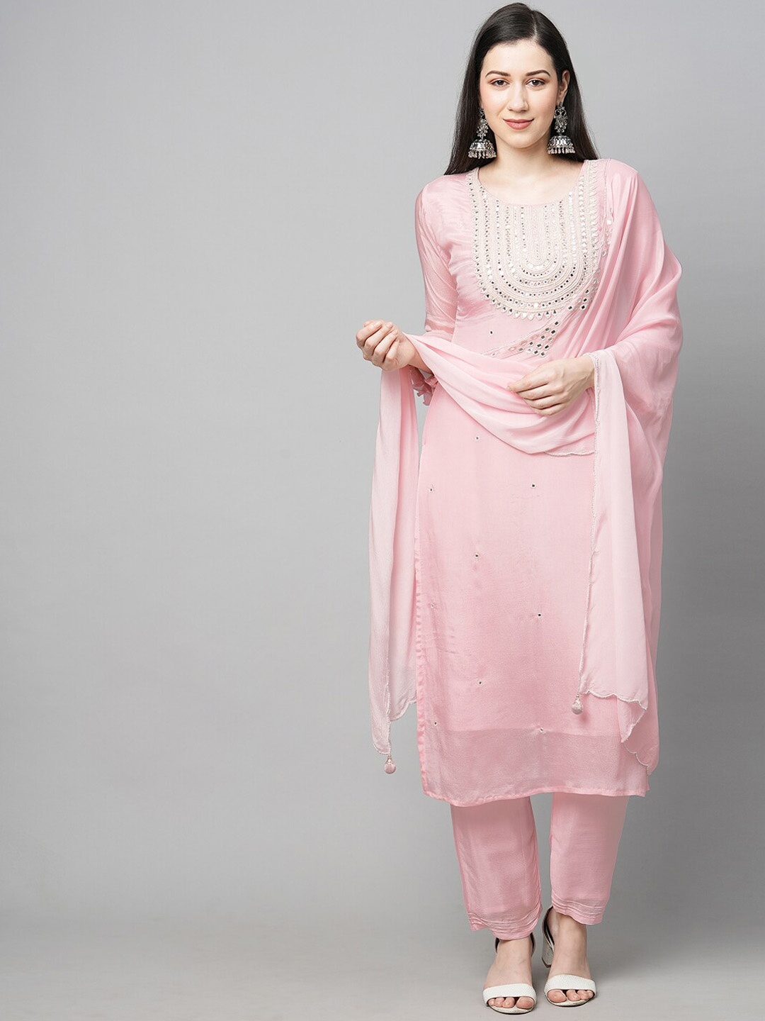 

FASHOR Women Embroidered Silk Chiffon Kurta with Trousers & Dupatta, Pink