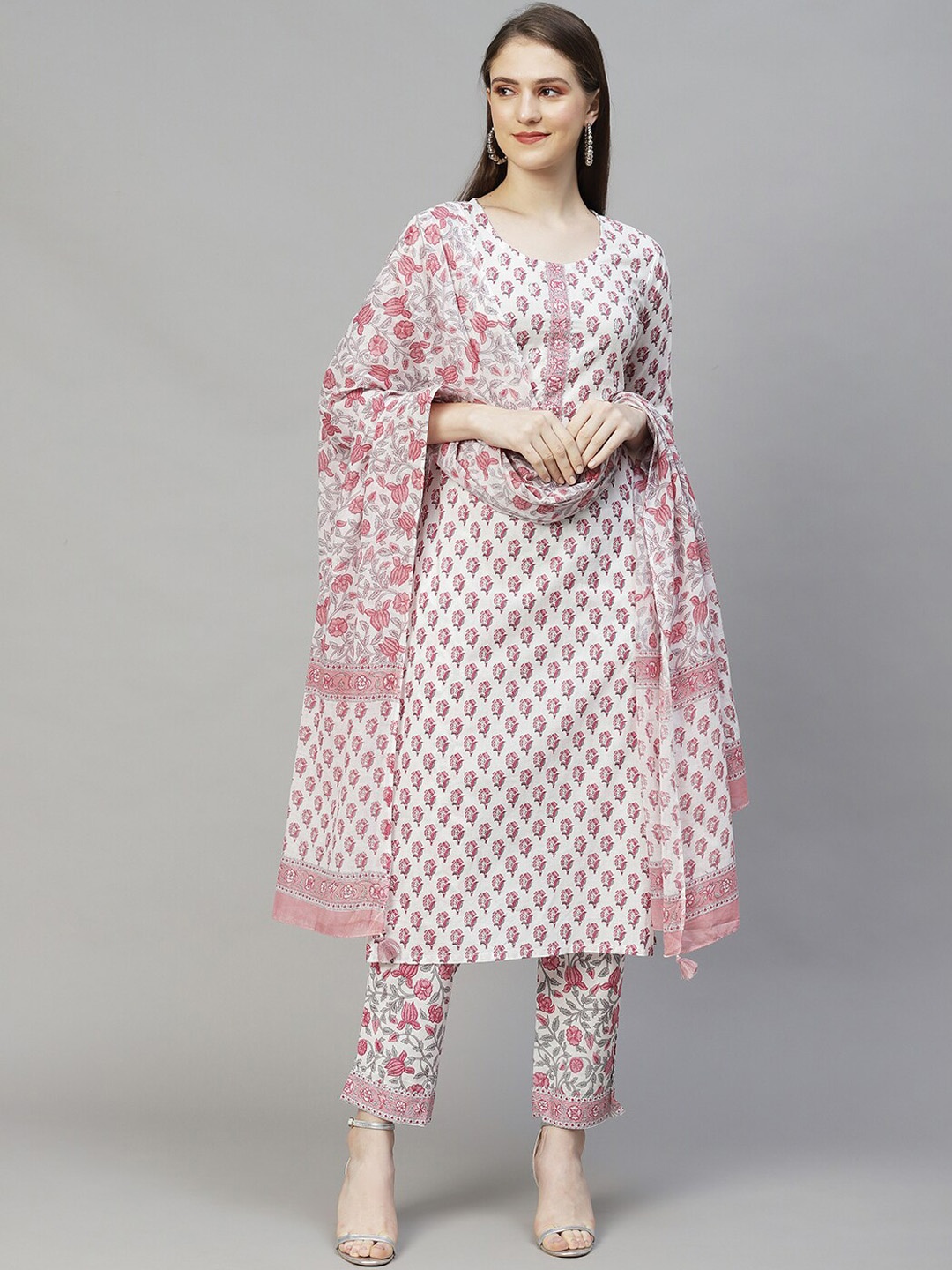 

FASHOR Women Floral Printed Pure Cotton Kurta with Trouser & Dupatta, Off white