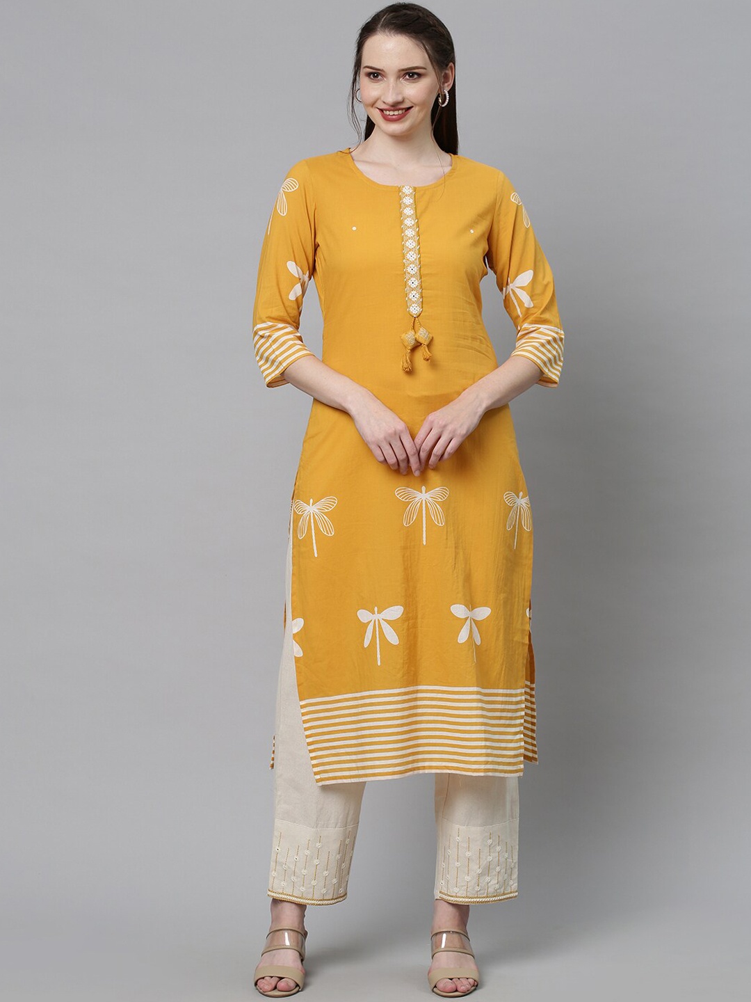 

FASHOR Women Yellow Ethnic Motifs Printed Pure Cotton Kurta with Trousers
