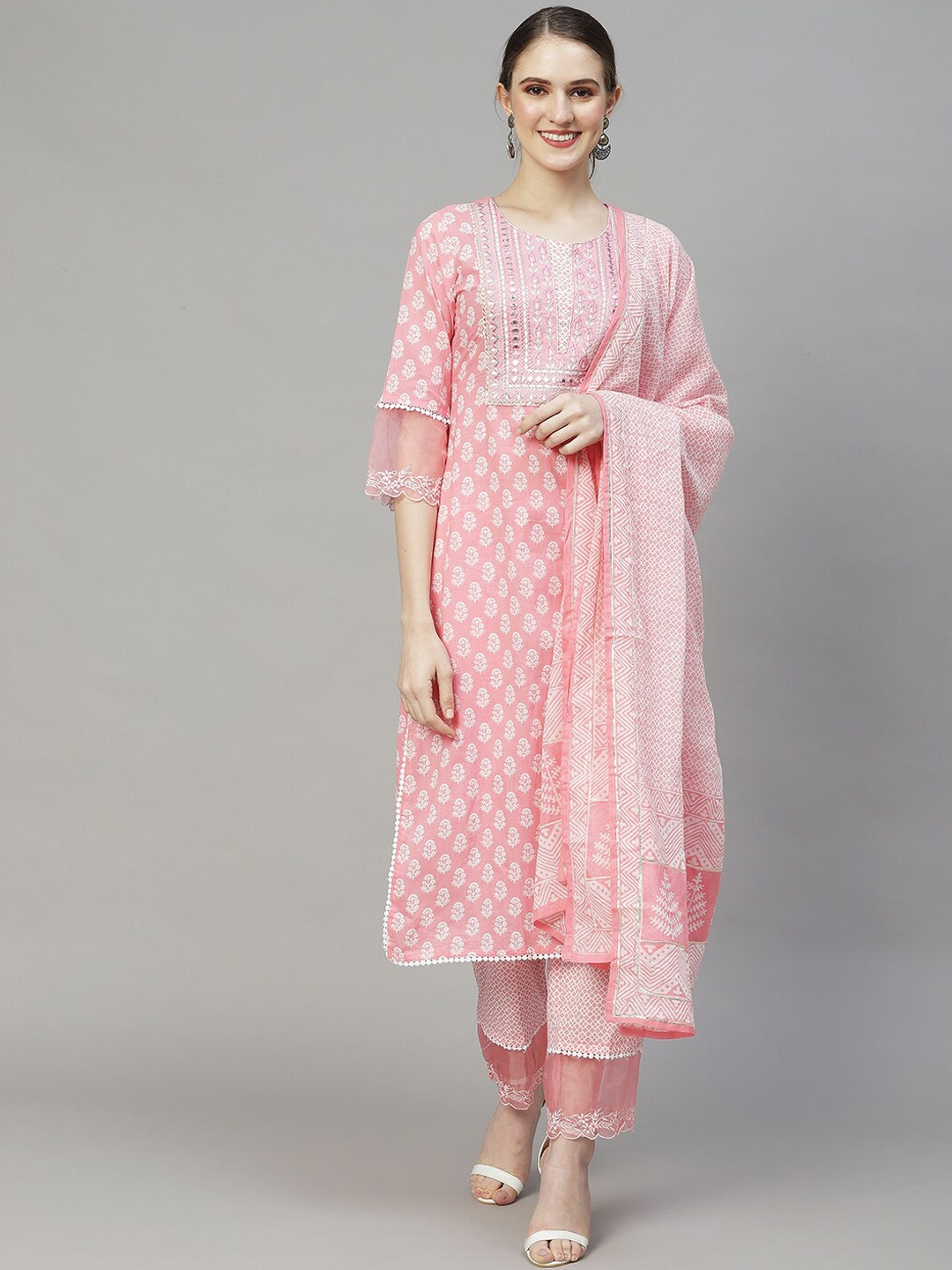 

FASHOR Women Floral Printed Mirror Work Pure Cotton Kurta with Trousers & Dupatta, Pink