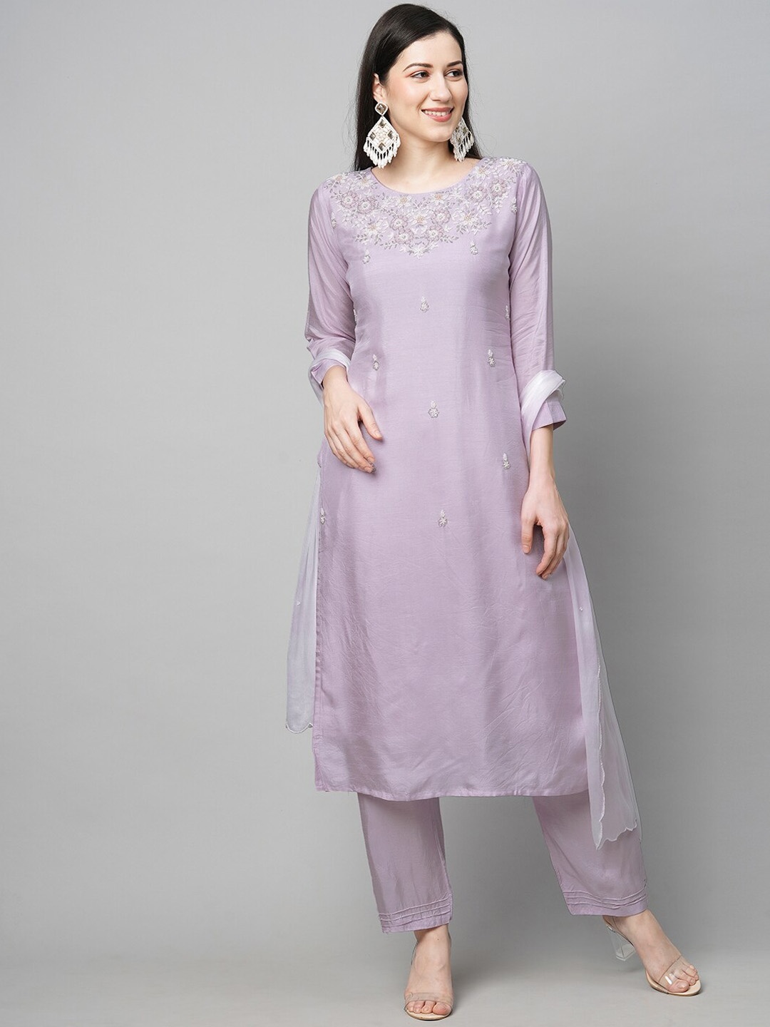 

FASHOR Women Ethnic Motifs Embroidered Beads and Stones Kurta with Trousers & With Dupatta, Purple