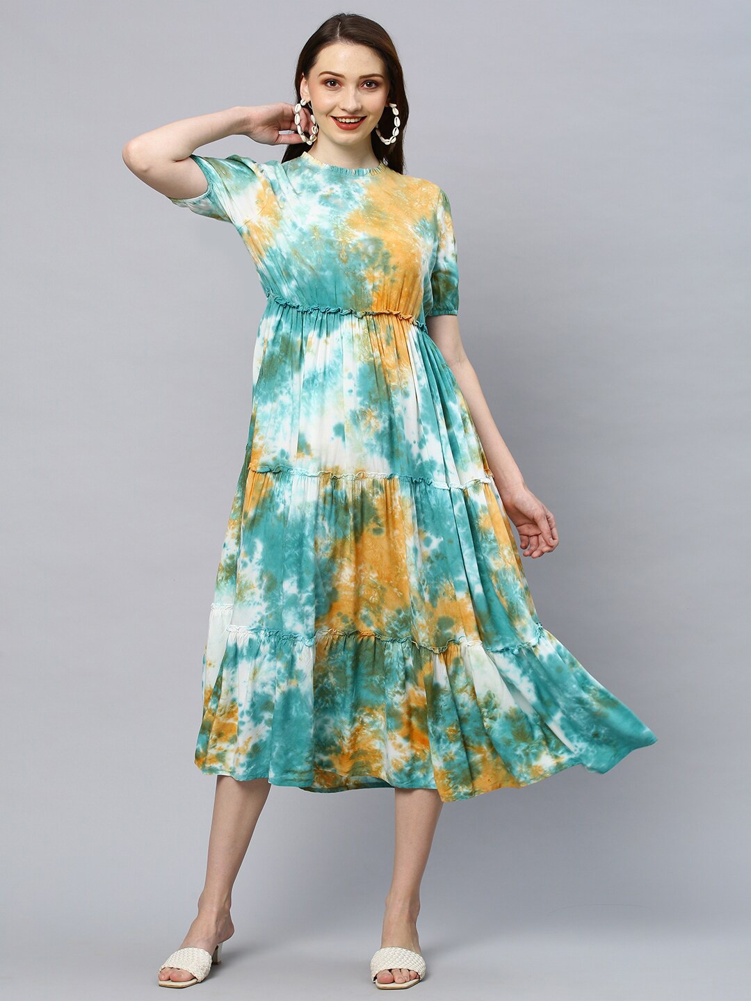 

FASHOR Women Turquoise Blue & Yellow Tie and Dye Dyed Viscose Rayon A-Line Midi Dress