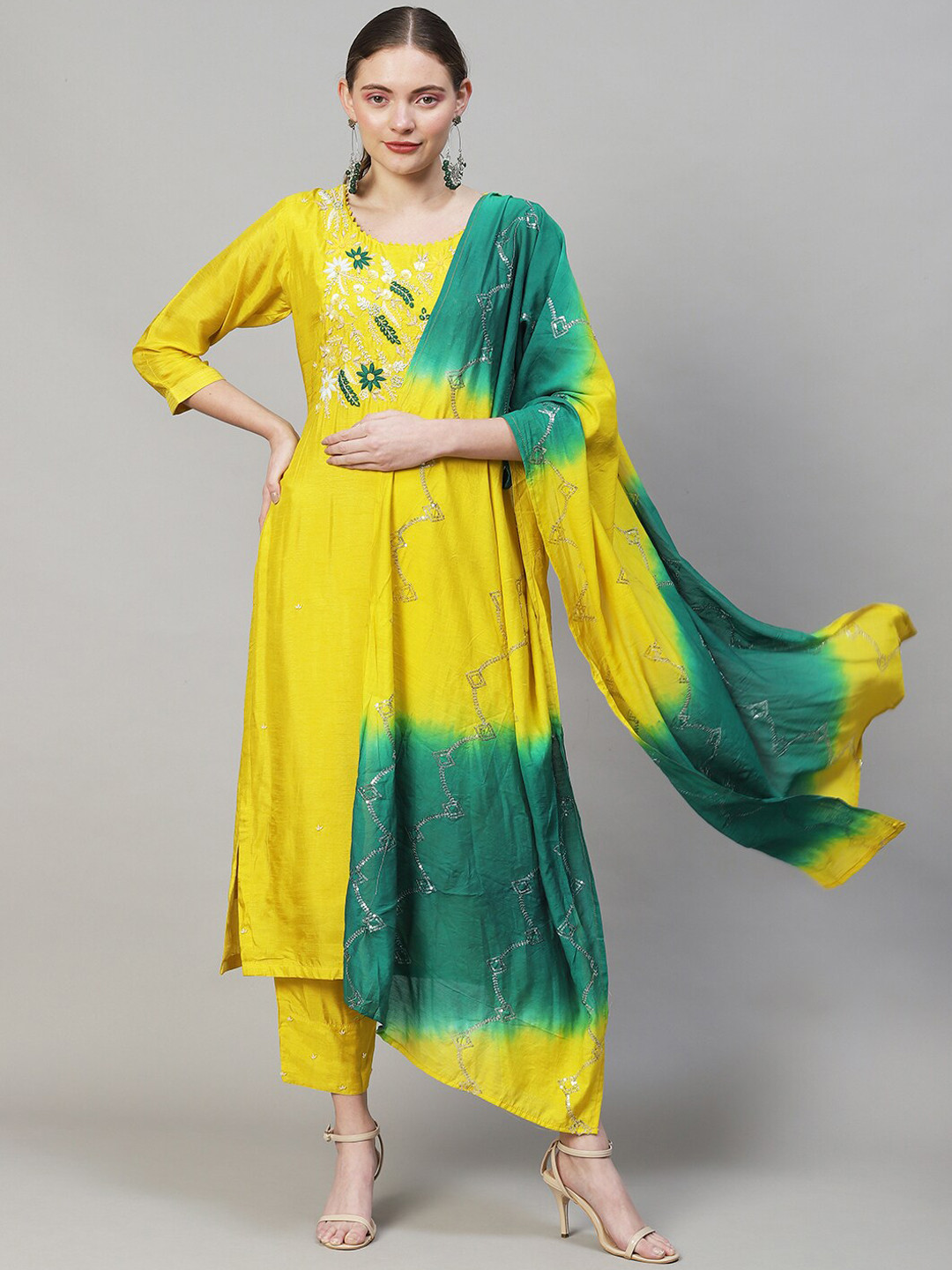 

FASHOR Women Floral Embroidered Kurta with Trousers & With Dupatta, Yellow