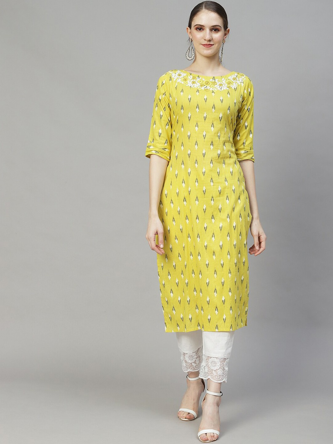 

FASHOR Women Floral Printed Thread Work Kurta, Yellow