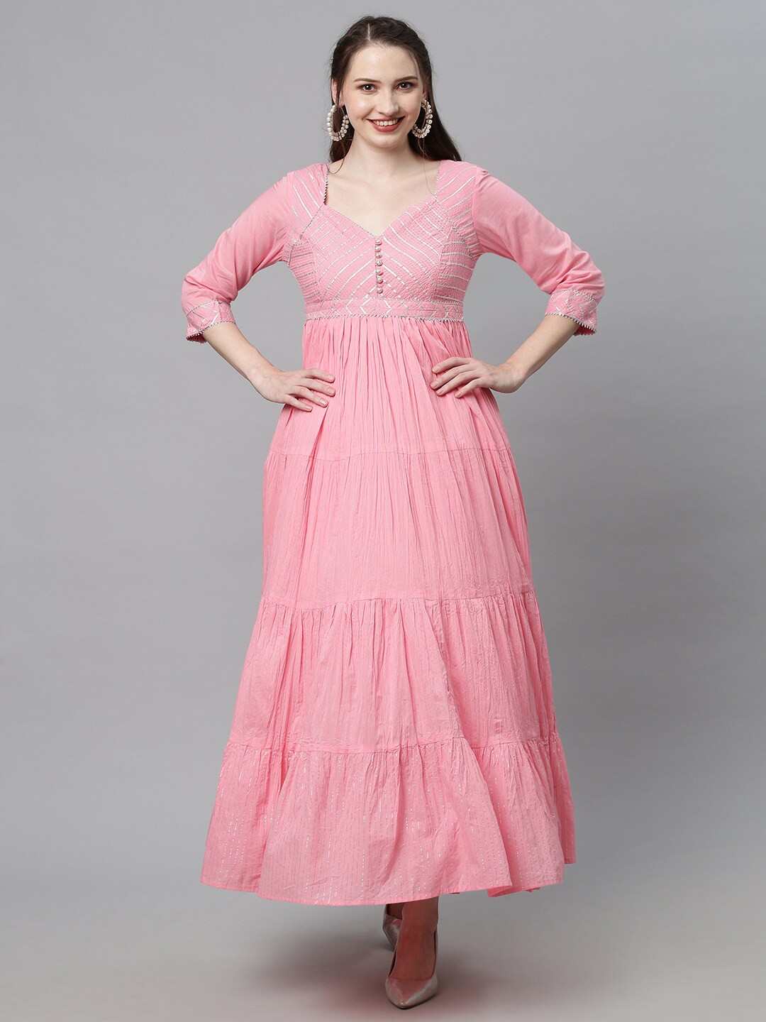 

FASHOR Women Pink Solid Cotton Flared Maxi Dress