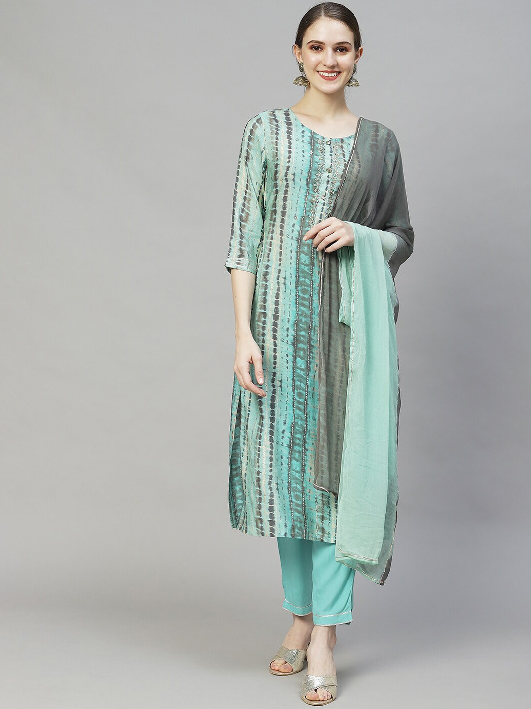 

FASHOR Women Blue Printed Kurta with Trousers & With Dupatta
