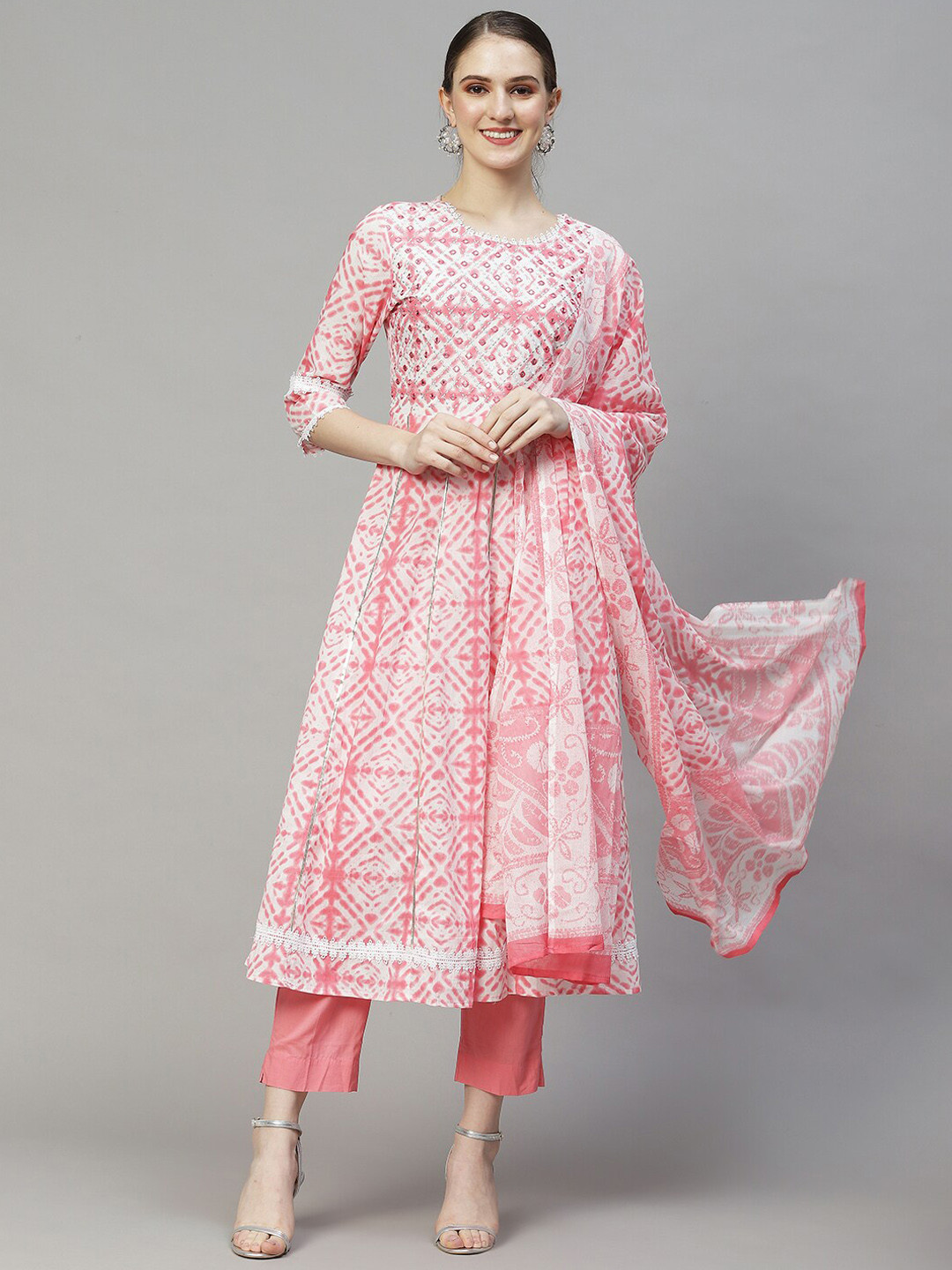 

FASHOR Women Dyed Panelled Mirror Work Pure Cotton Kurta With Trousers & Dupatta, Pink