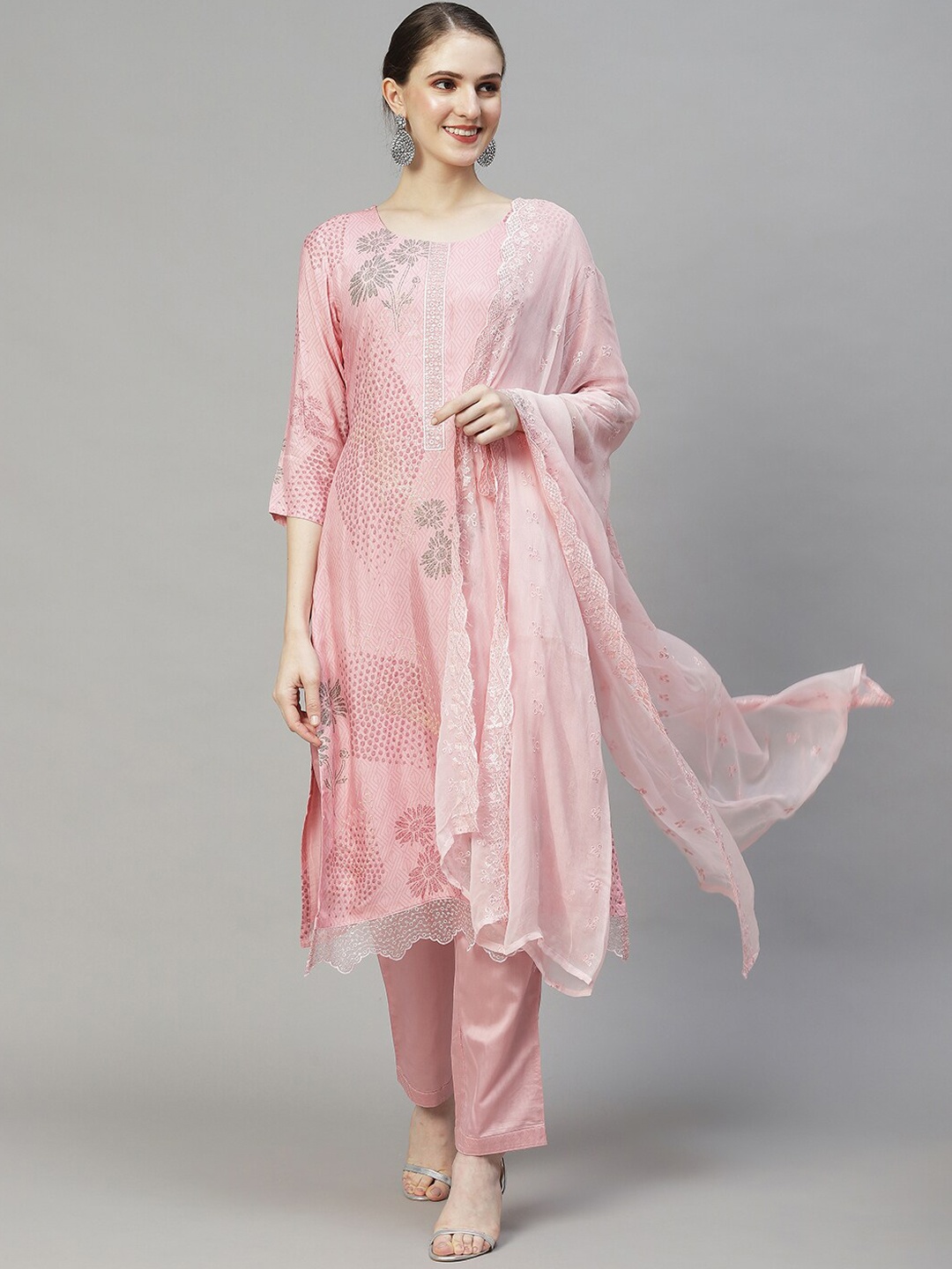 

FASHOR Women Pink Ethnic Motifs Printed Thread Work Kurta with Trousers & With Dupatta
