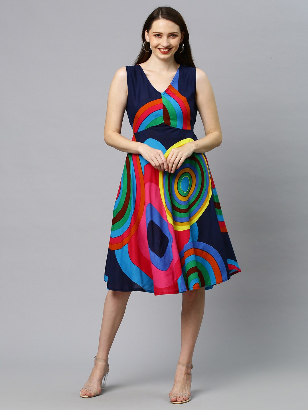 

FASHOR Women Geometric Printed Viscose Rayon A-Line Midi Dress, Na